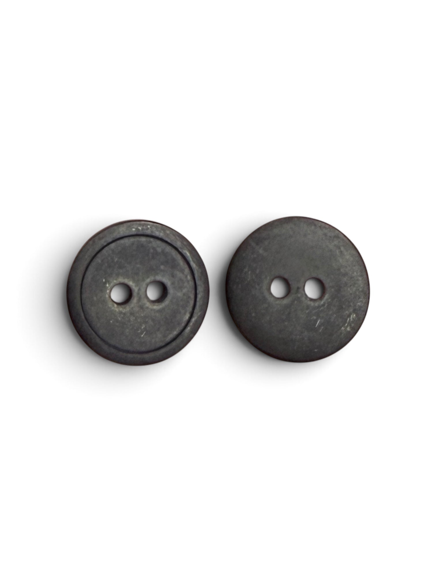 Two 16mm black round resin buttons with a 2-hole design on a white background.