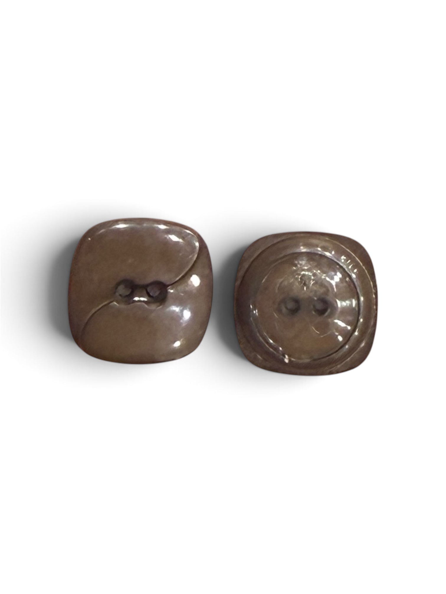 Two 16mm square brown resin buttons with a 2-hole design and smooth, glossy finish.