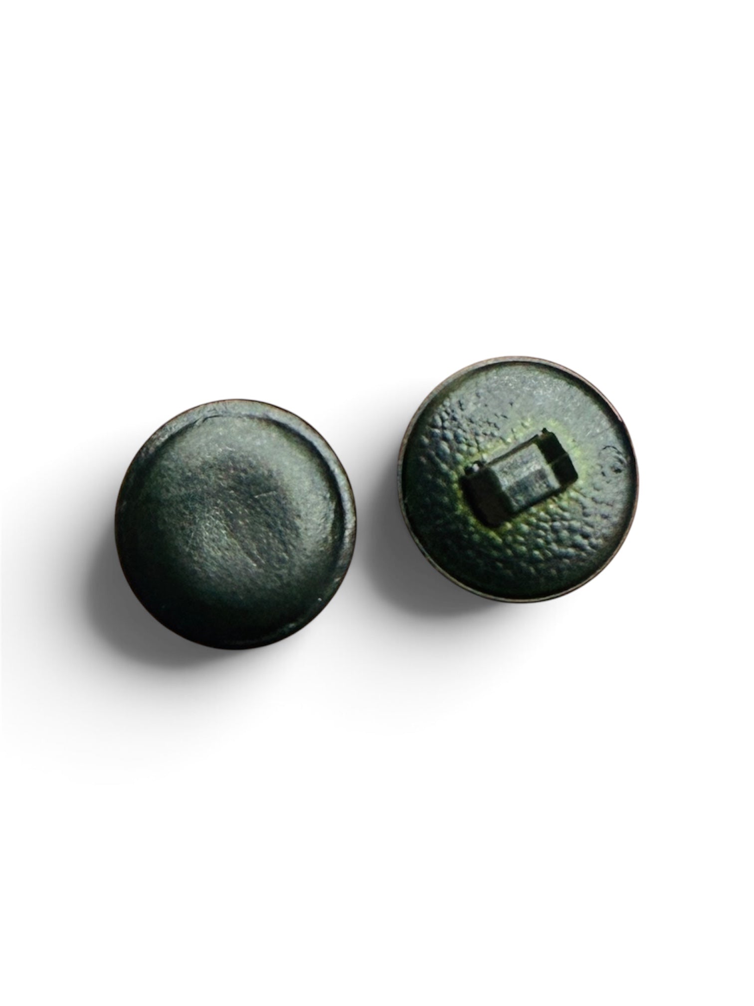 Two 15mm dark olive green round matte resin buttons showing front and back views.