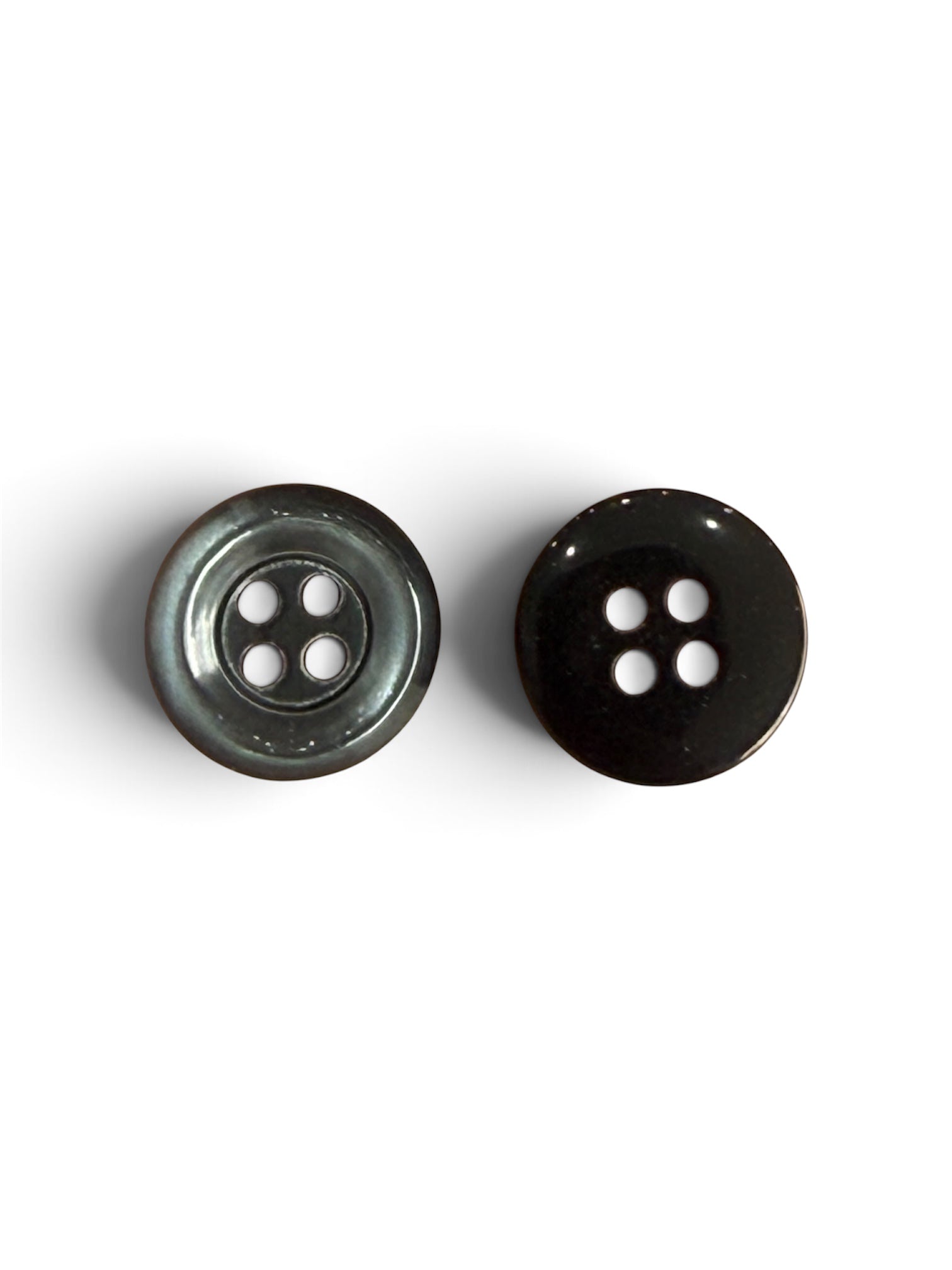 Two 12mm dark grey round 4-hole polished sewing buttons shown from front and back views.