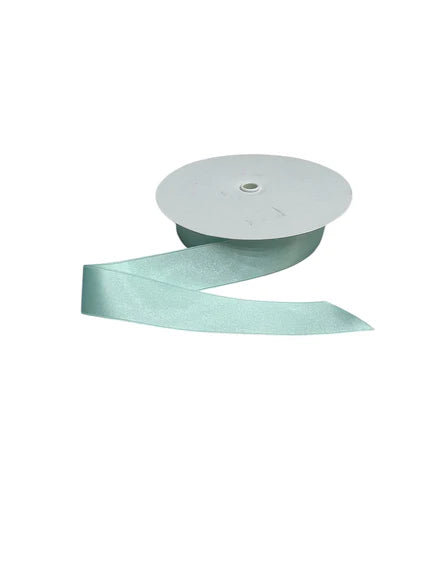 A roll of light blue double-faced satin ribbon made from recycled polyester.