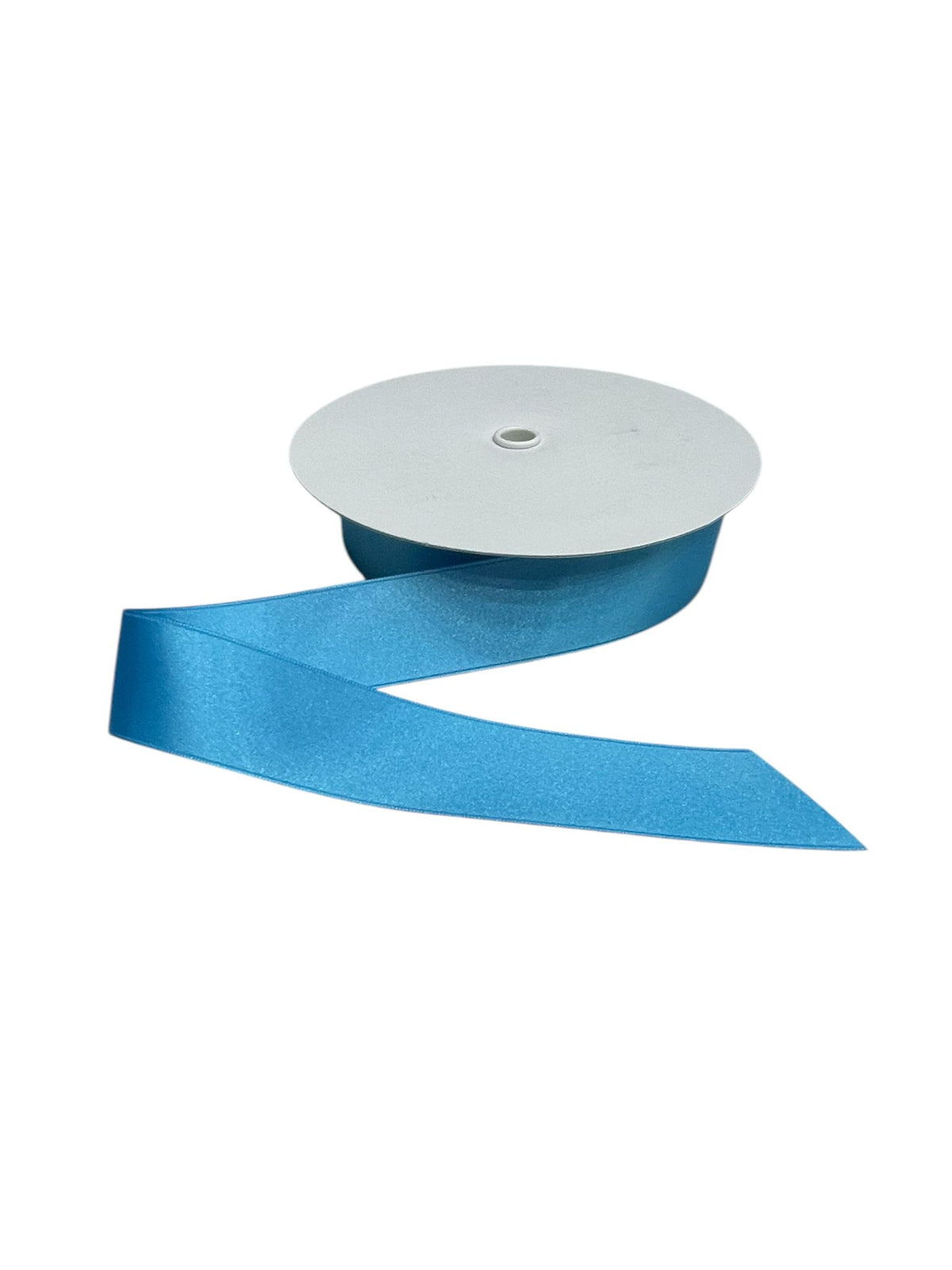 A spool of blue double-faced satin ribbon with the end unfurled.