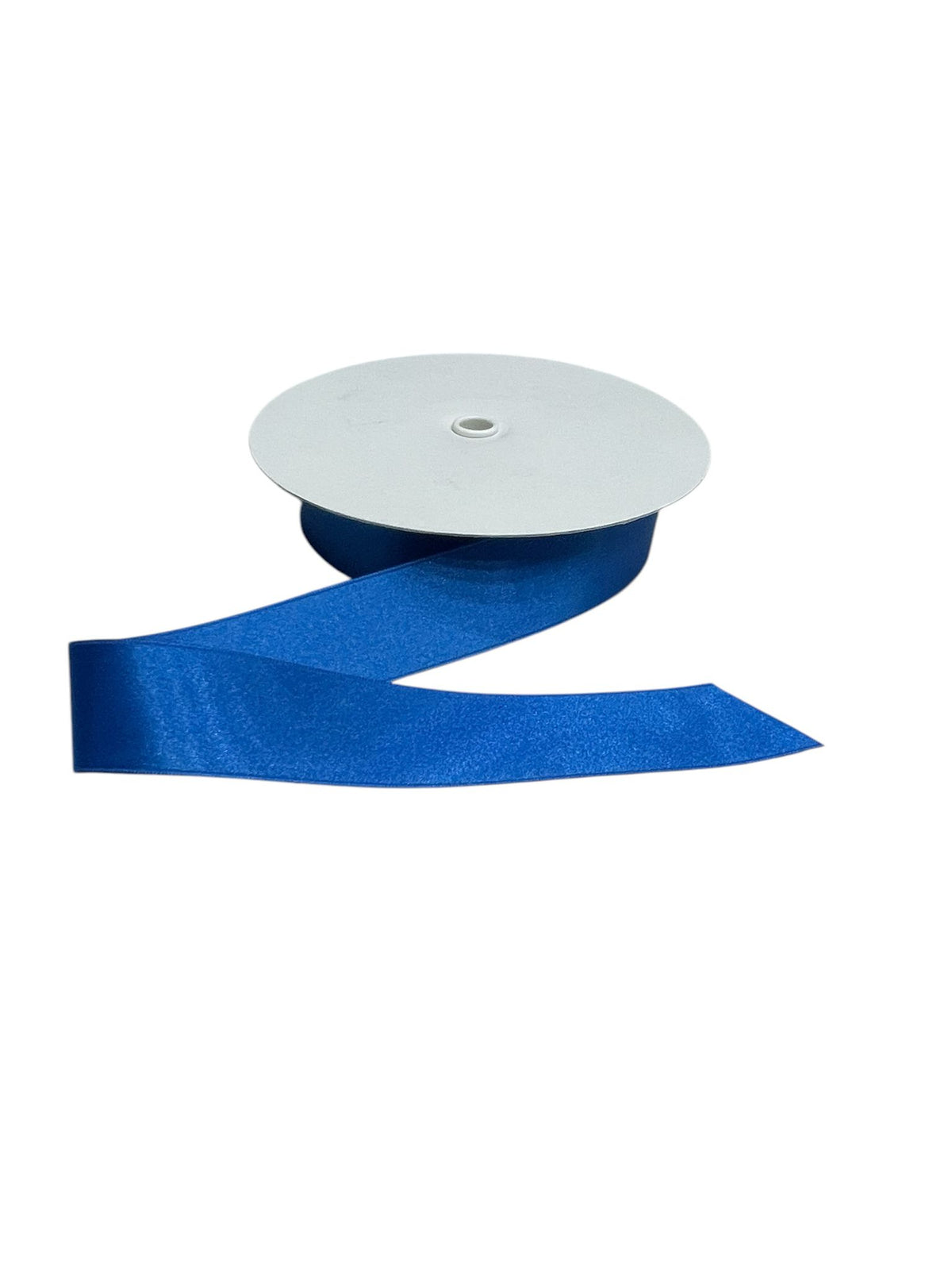 A spool of bright blue double-faced satin ribbon with a cut end.