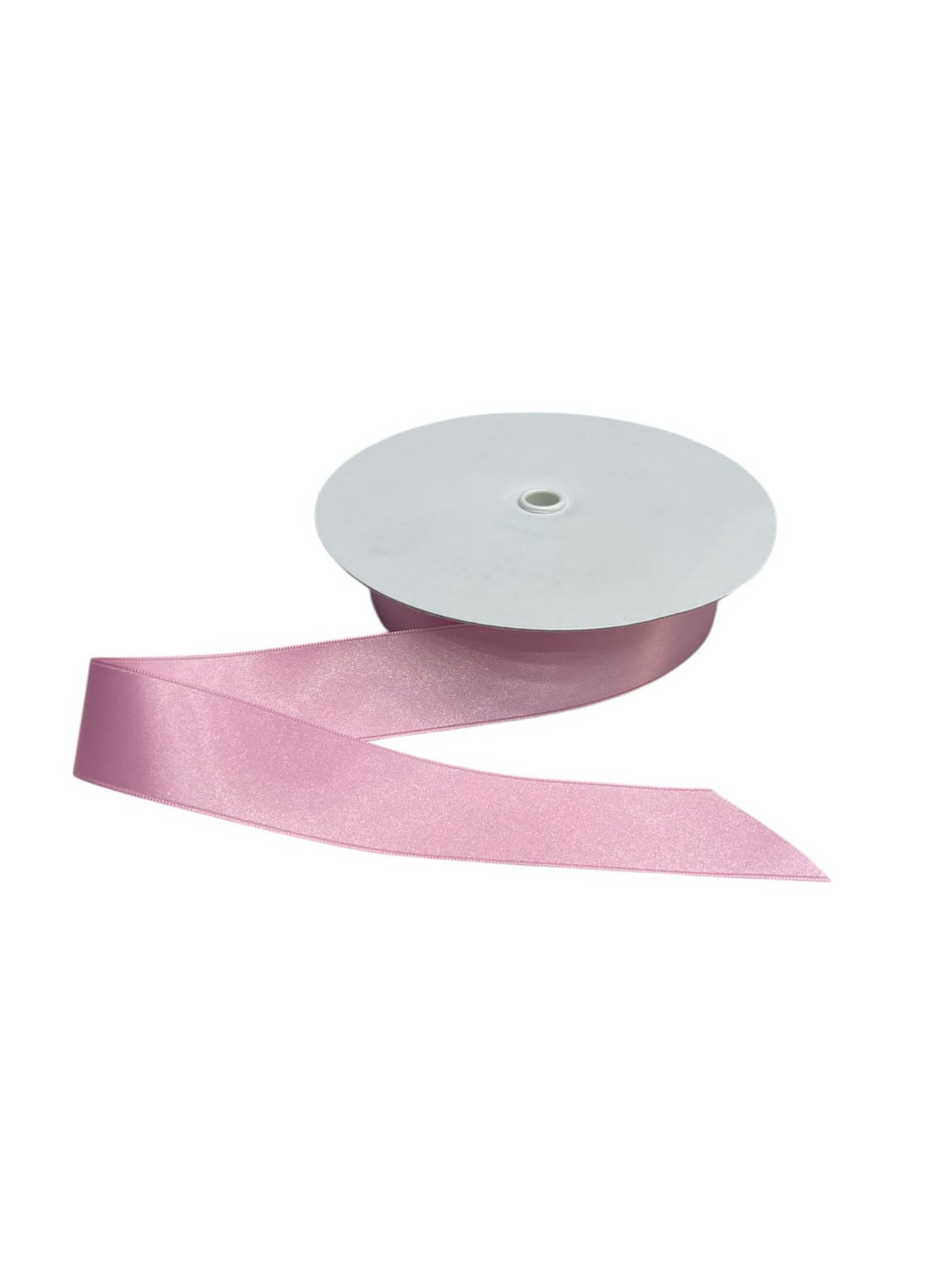 Rolled pink double-faced satin ribbon made from recycled polyester.