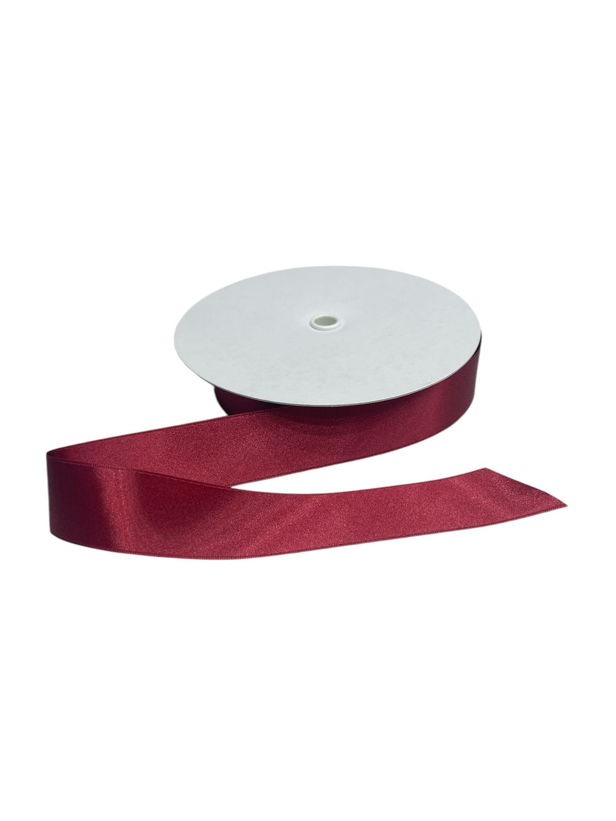 Rolled burgundy double-faced satin ribbon made from recycled polyester.