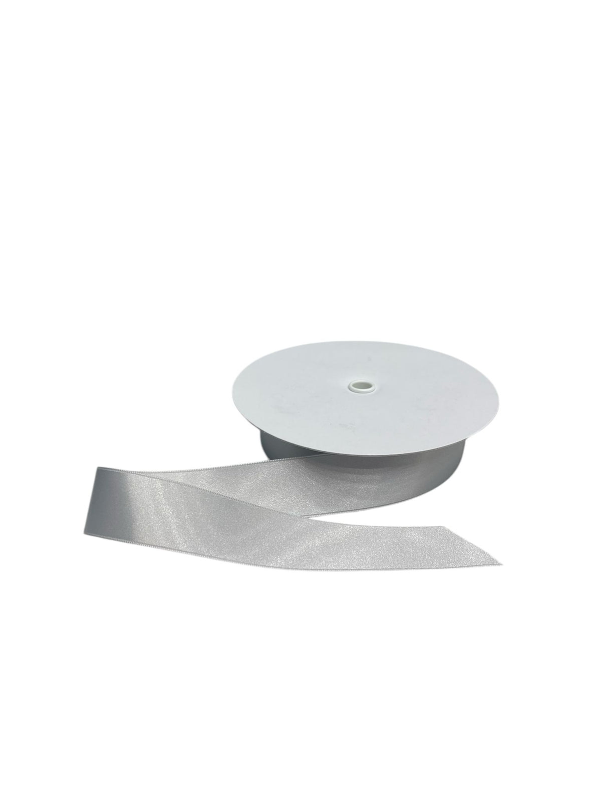 A spool of silver double-faced satin ribbon with a cut end.