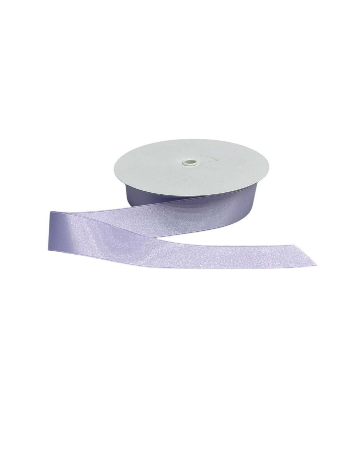 A spool of light purple double-faced satin ribbon with a portion unrolled.