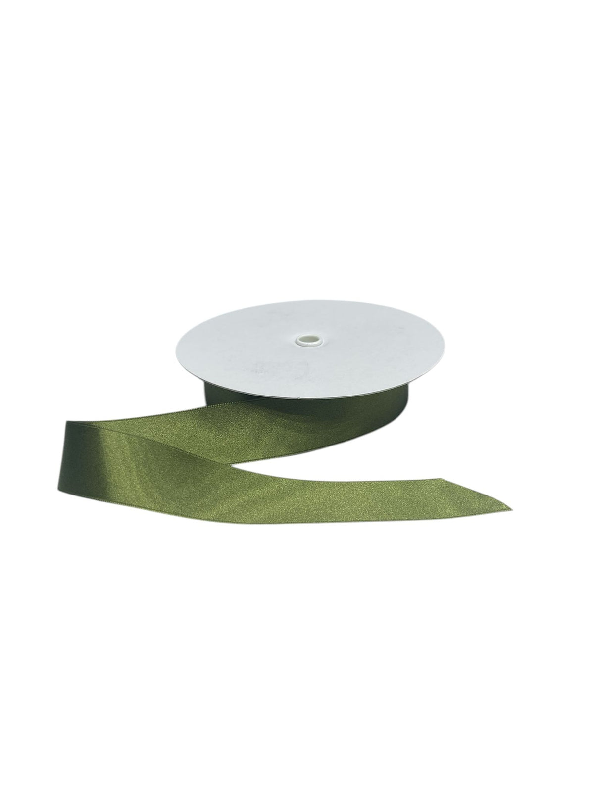 A spool of olive green double-faced satin ribbon with a subtle shimmer.