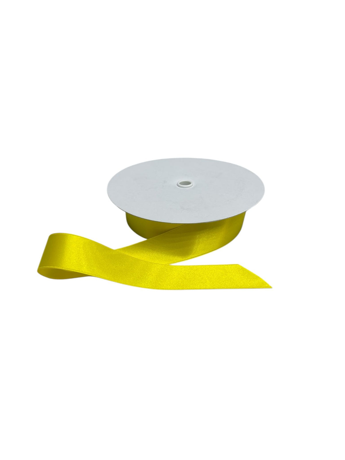 Yellow double-faced satin ribbon on a spool.