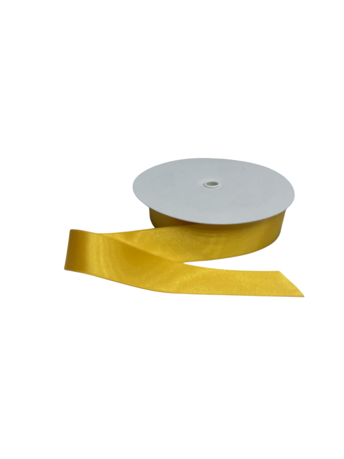 A roll of yellow satin ribbon with a cut end.