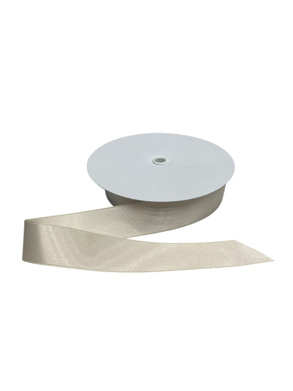 A spool of light beige double-faced satin ribbon made from recycled polyester.