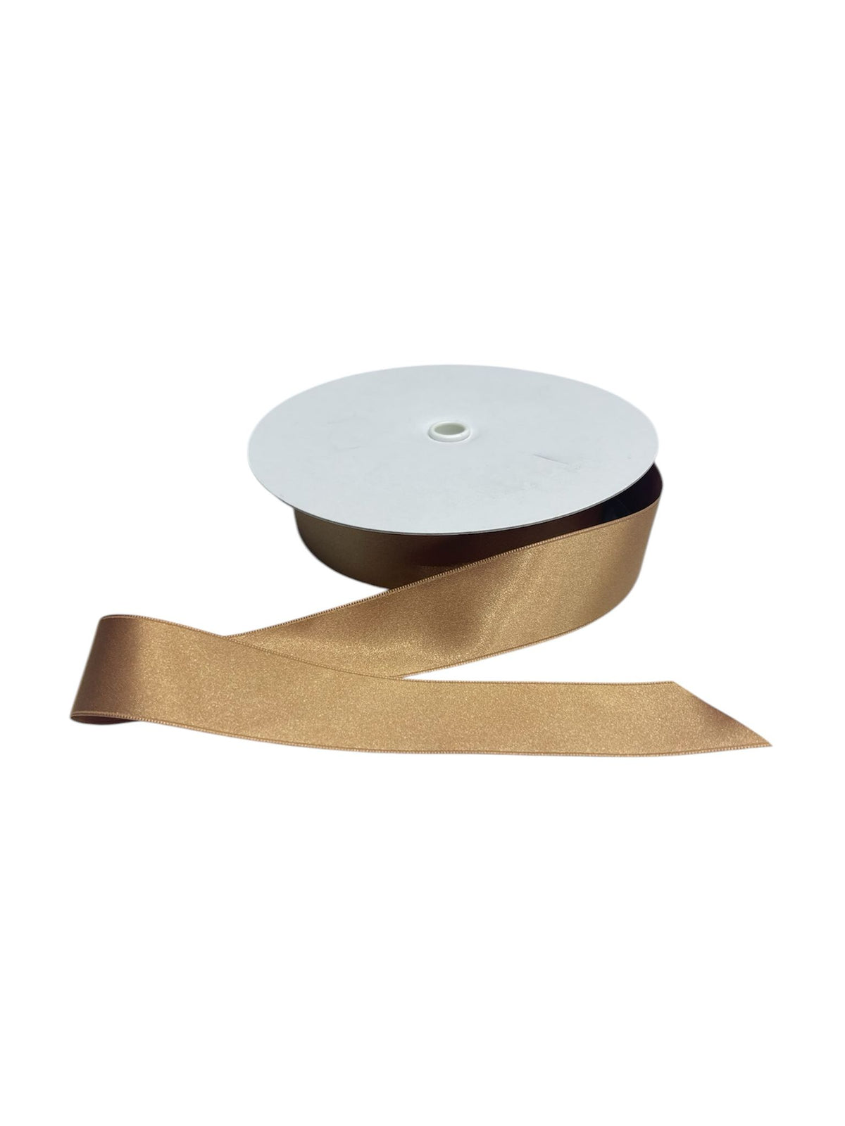 A spool of double-faced satin ribbon in a bronze color.