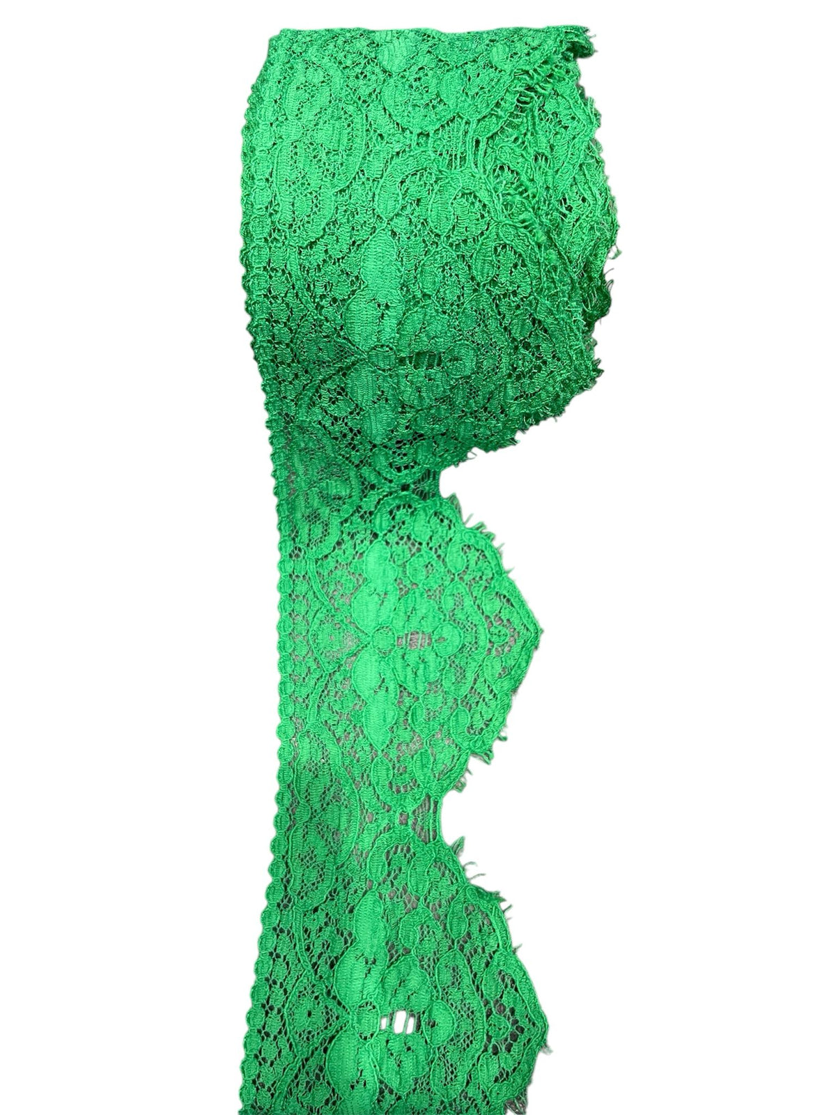Green embroidered lace trim on tulle fabric.