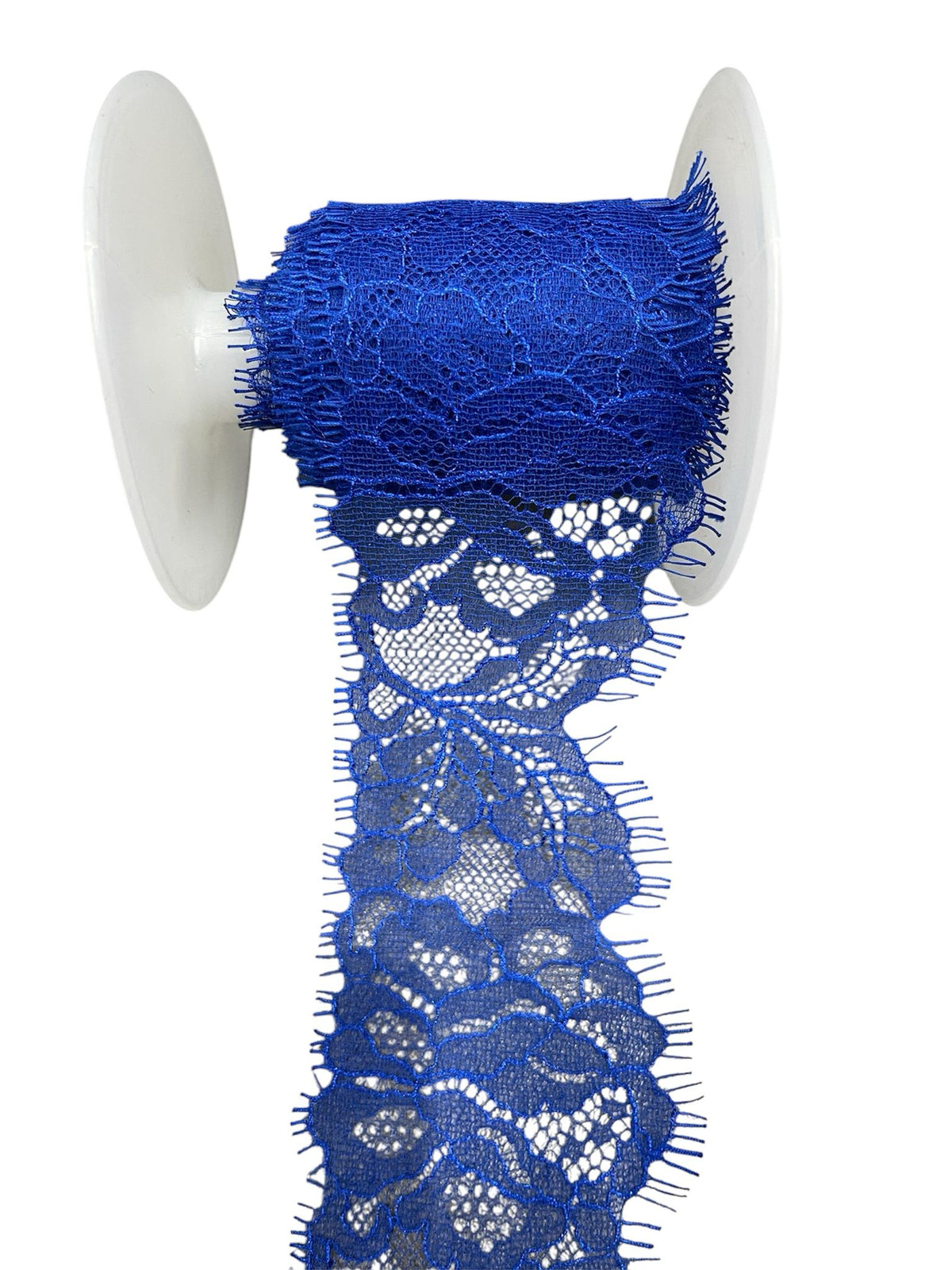Blue embroidered lace trim on a white spool.