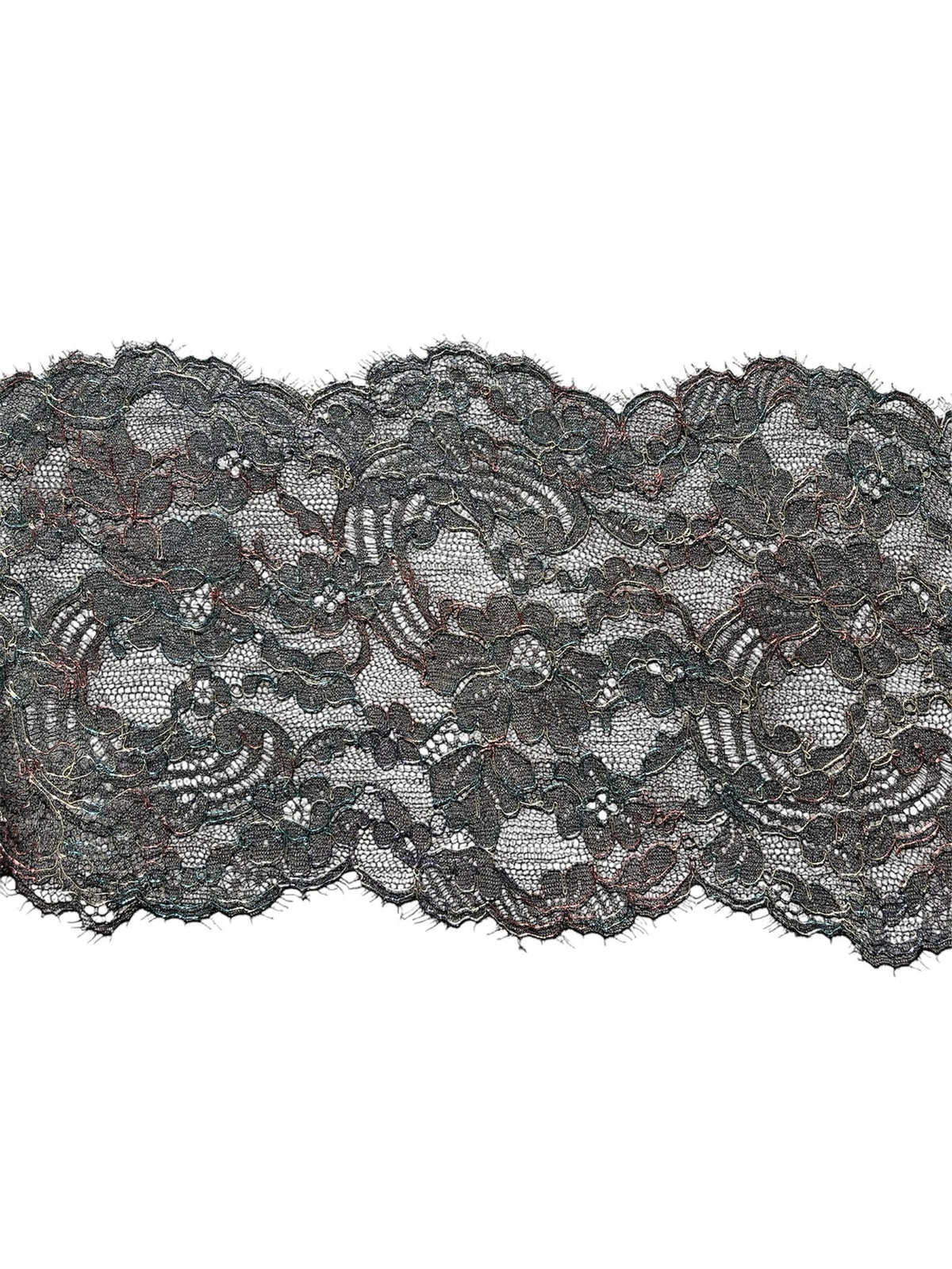 Fancy embroidered black lace trim with iridescent threads on tulle.