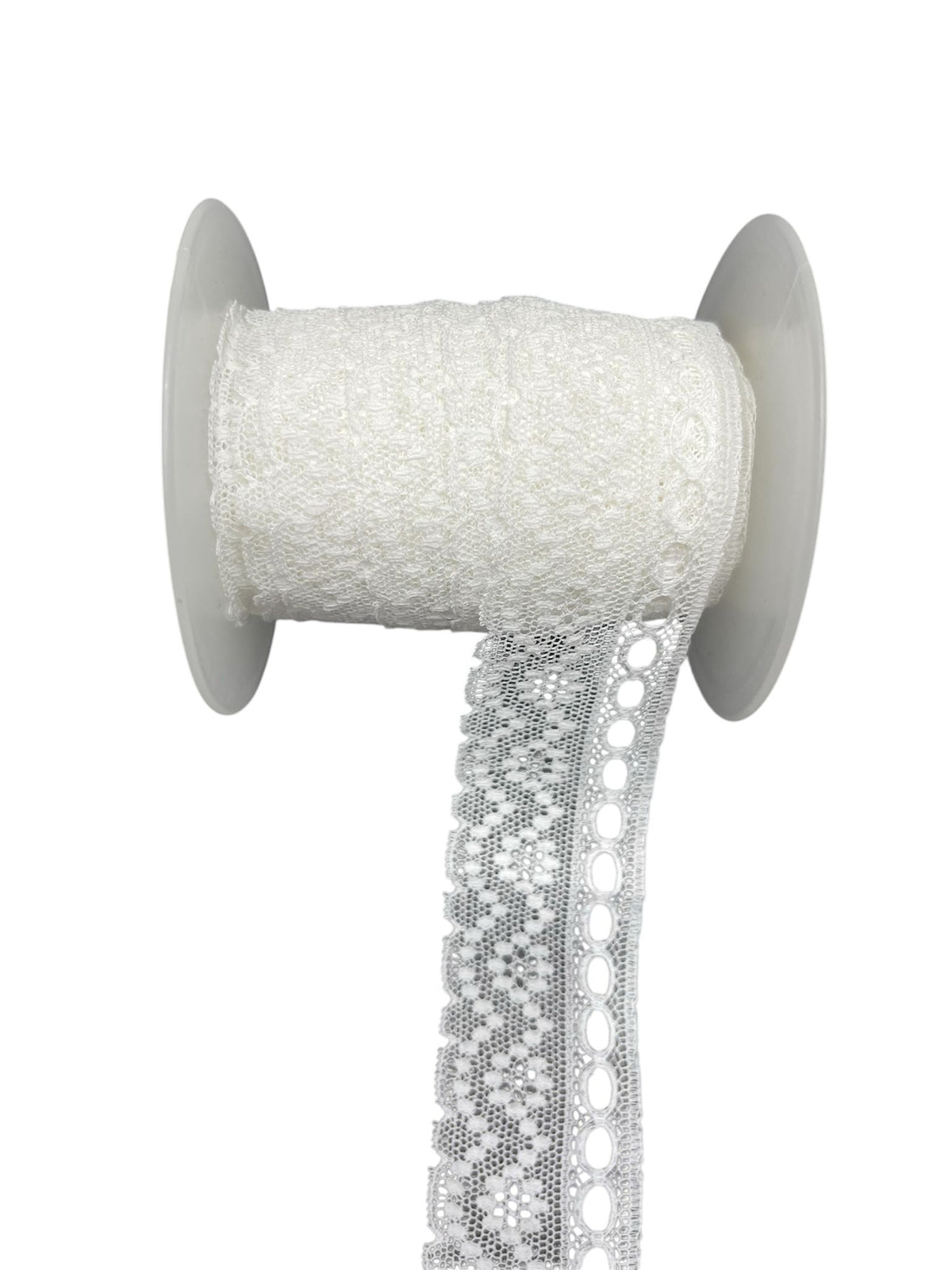 White crochet lace ribbon on a spool with a decorative edge.