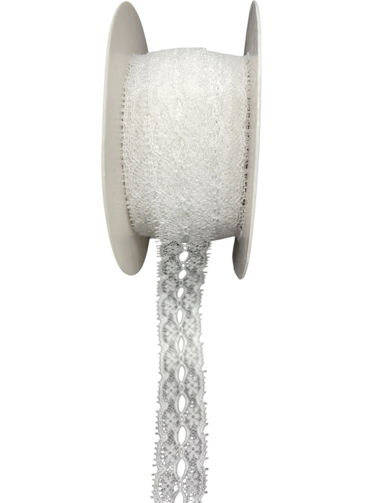White crochet lace ribbon on a spool with a decorative edge.