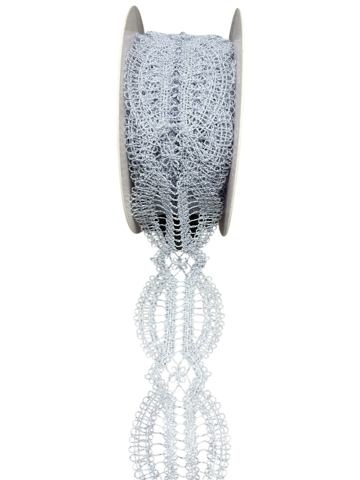 Silver crochet lace ribbon on a spool.