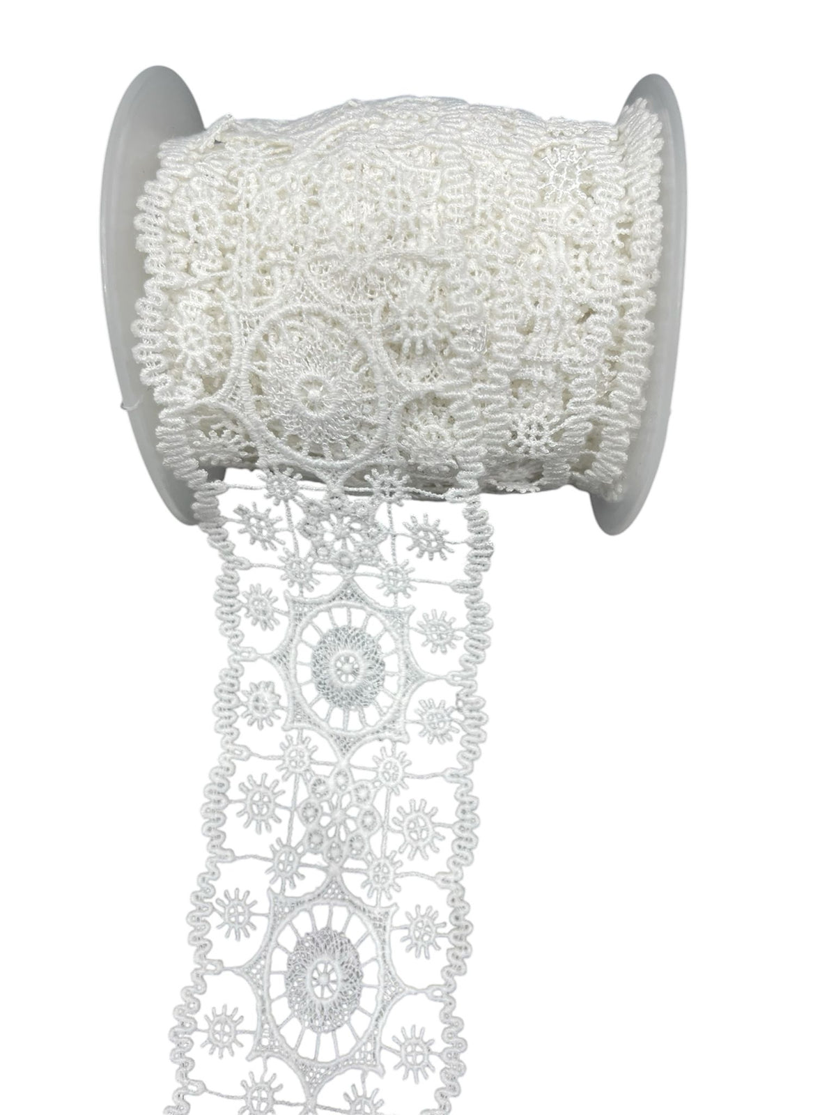 White crochet lace ribbon on a spool with a decorative pattern.