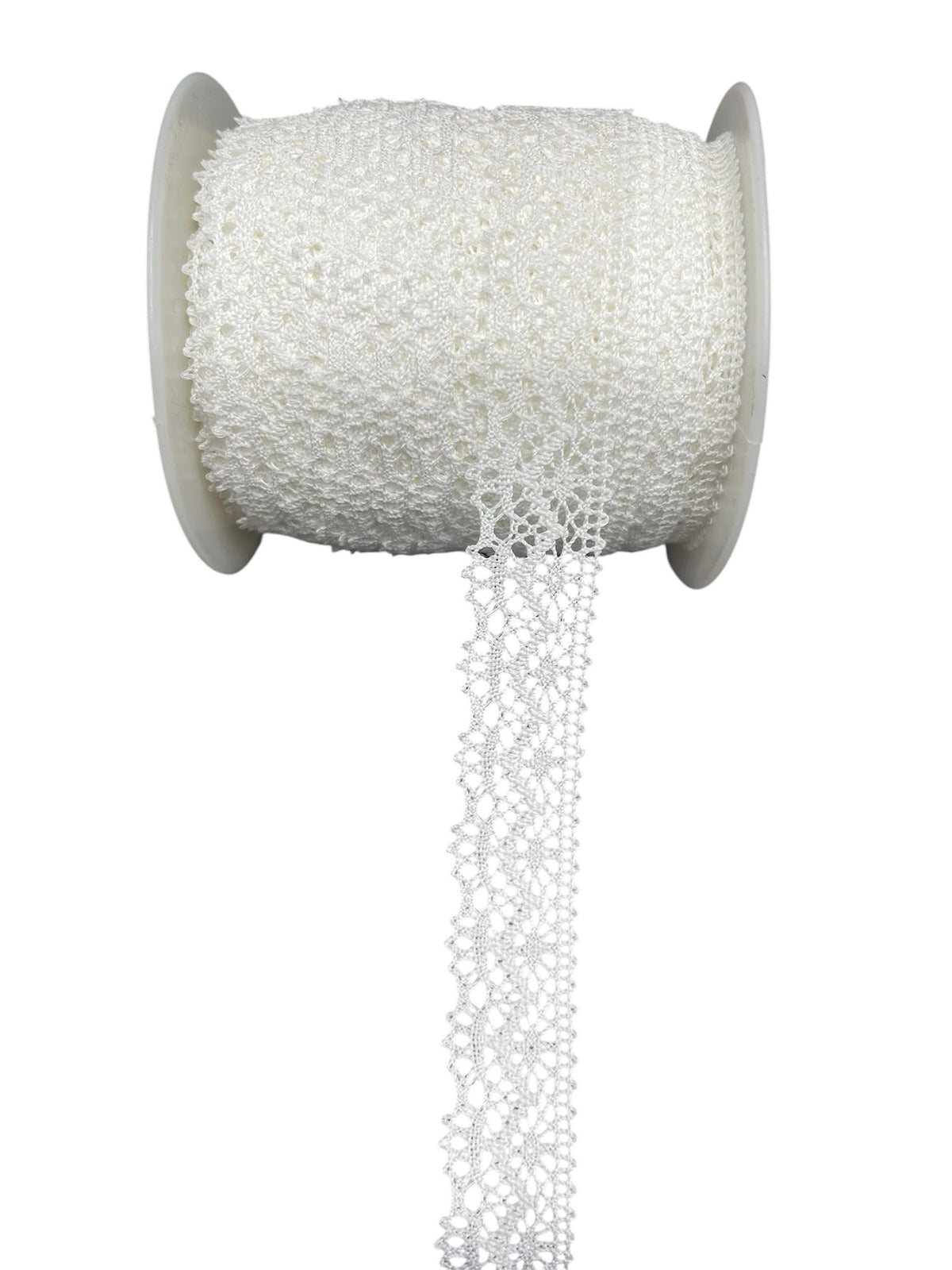 White crochet lace ribbon on a spool with a length hanging down.