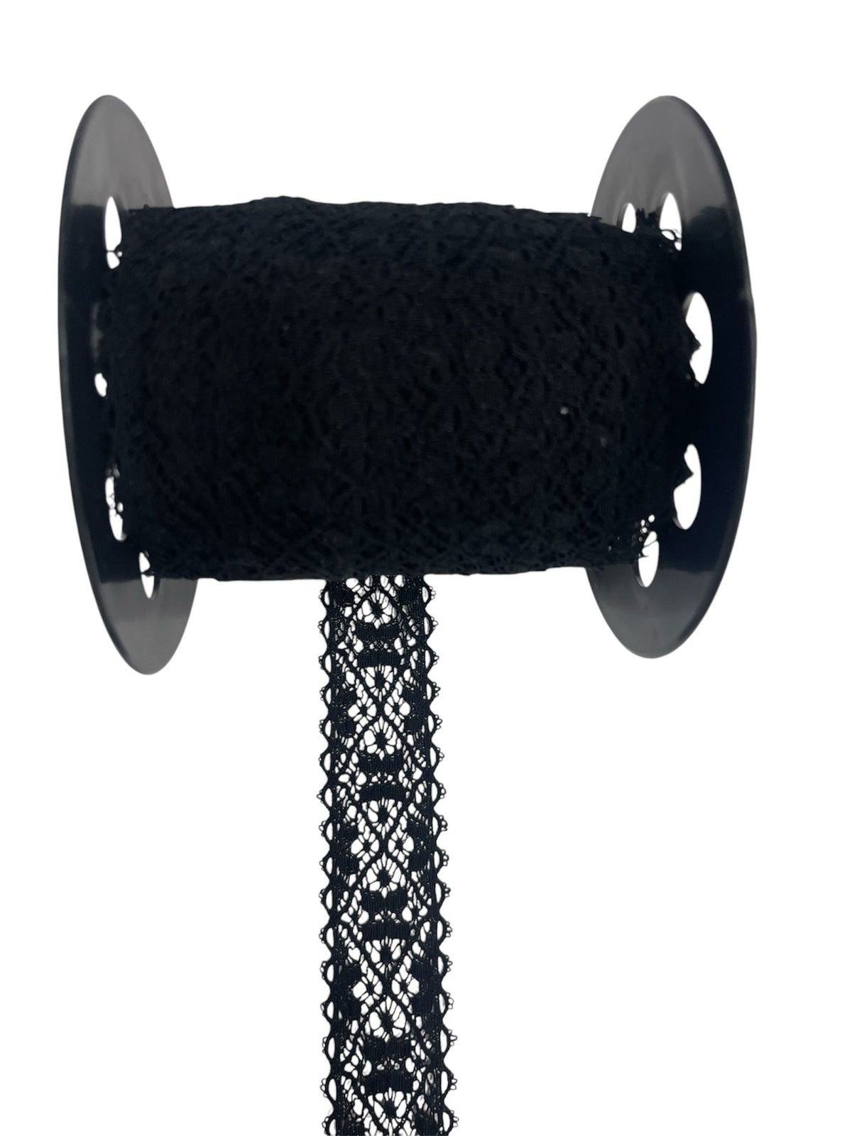 Black crochet lace ribbon on a spool.