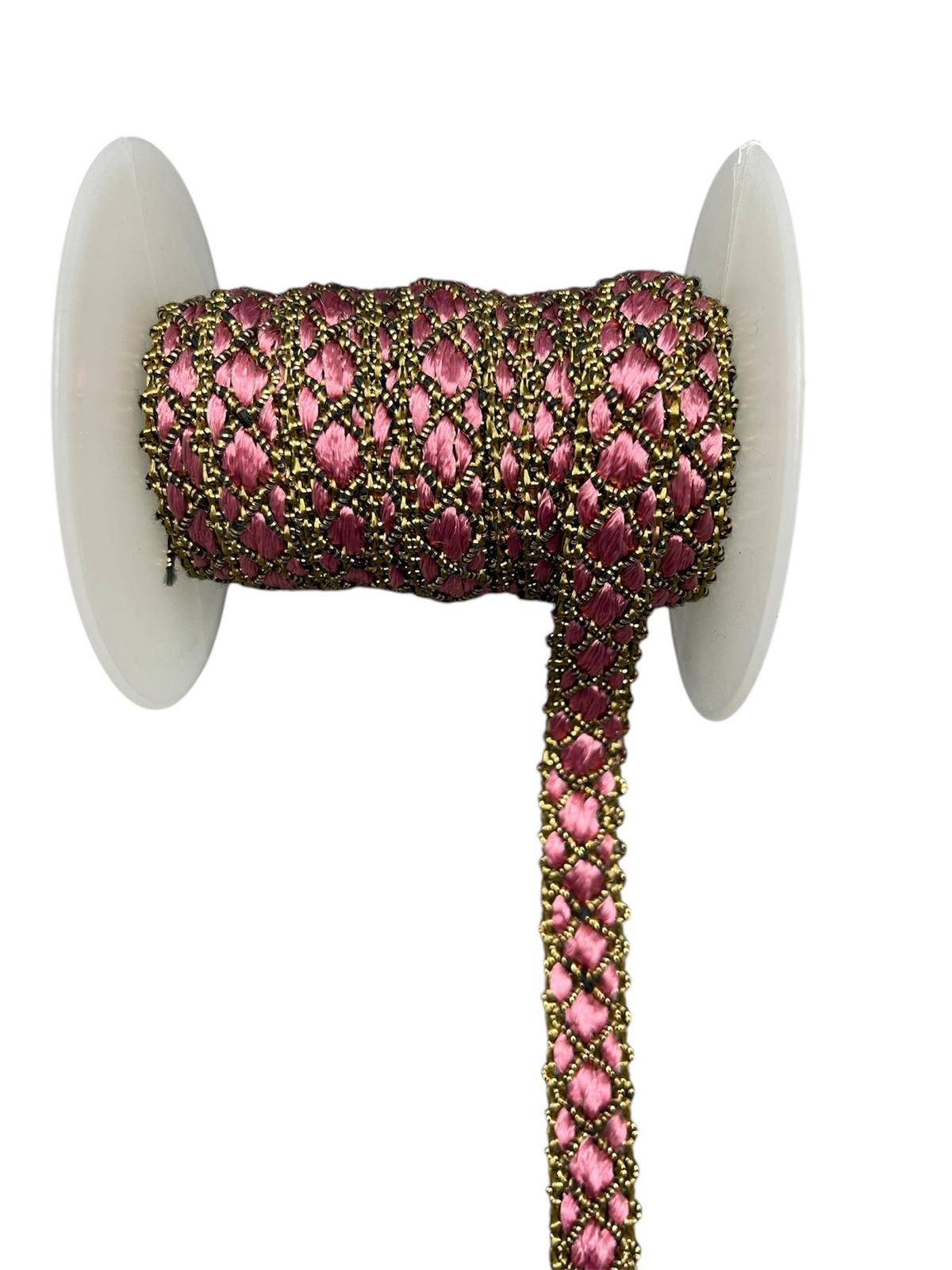 Decorative trim cord with pink and gold woven pattern on a white spool.