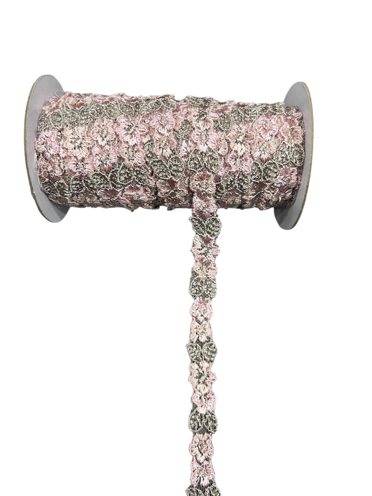 Pink and silver decorative lace trim on a spool.