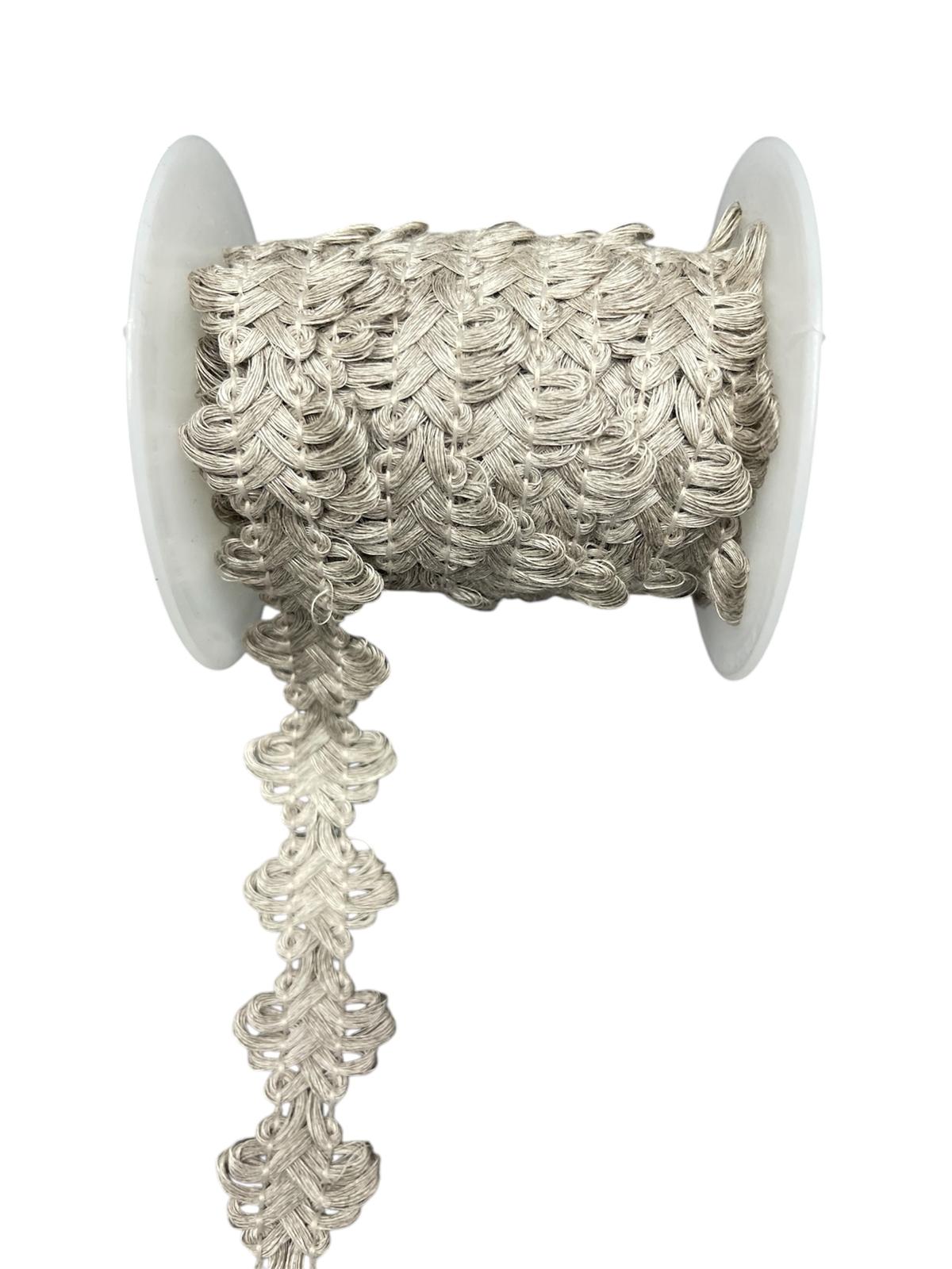 Decorative trim cord on a spool with a fancy lace pattern.