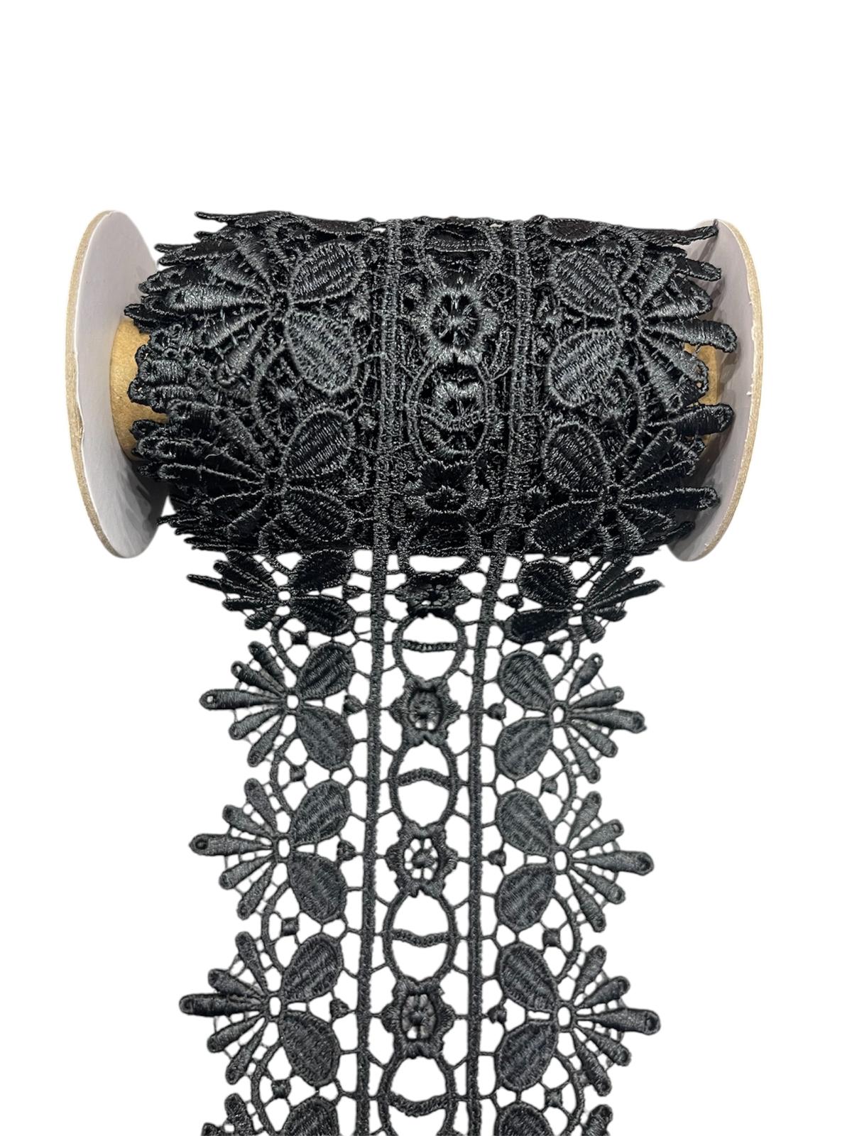 Black decorative lace trim with floral patterns on a spool.