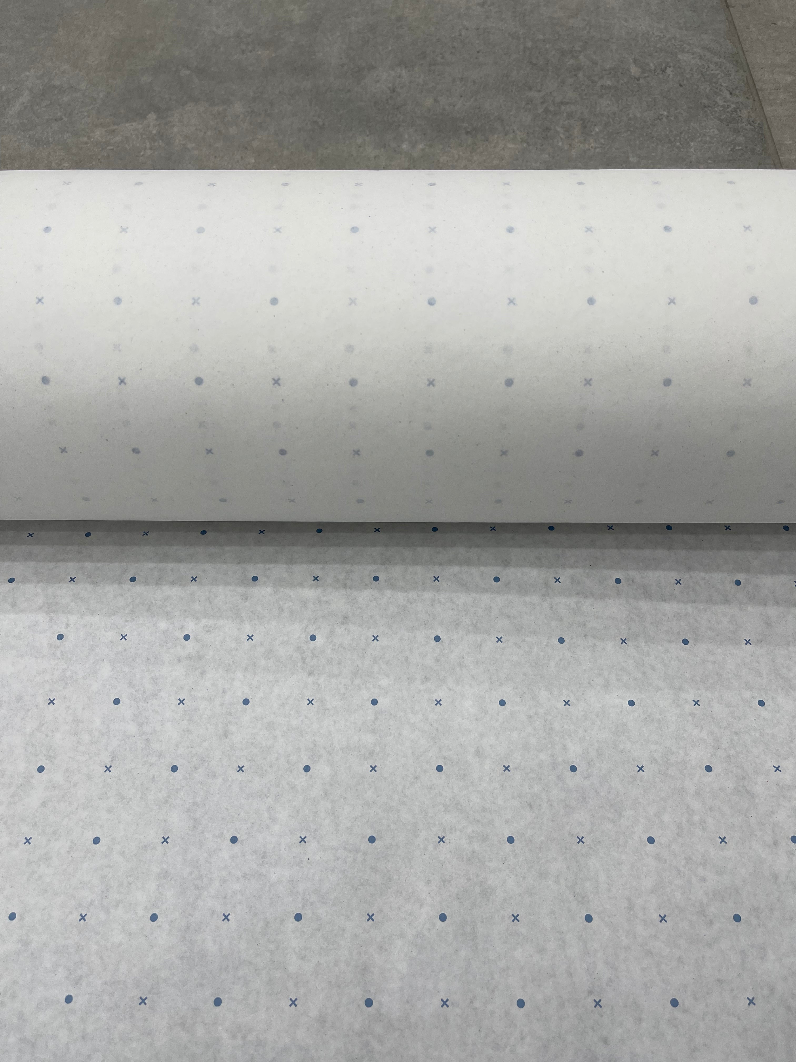White paper with a repeating pattern of blue crosses and dots.