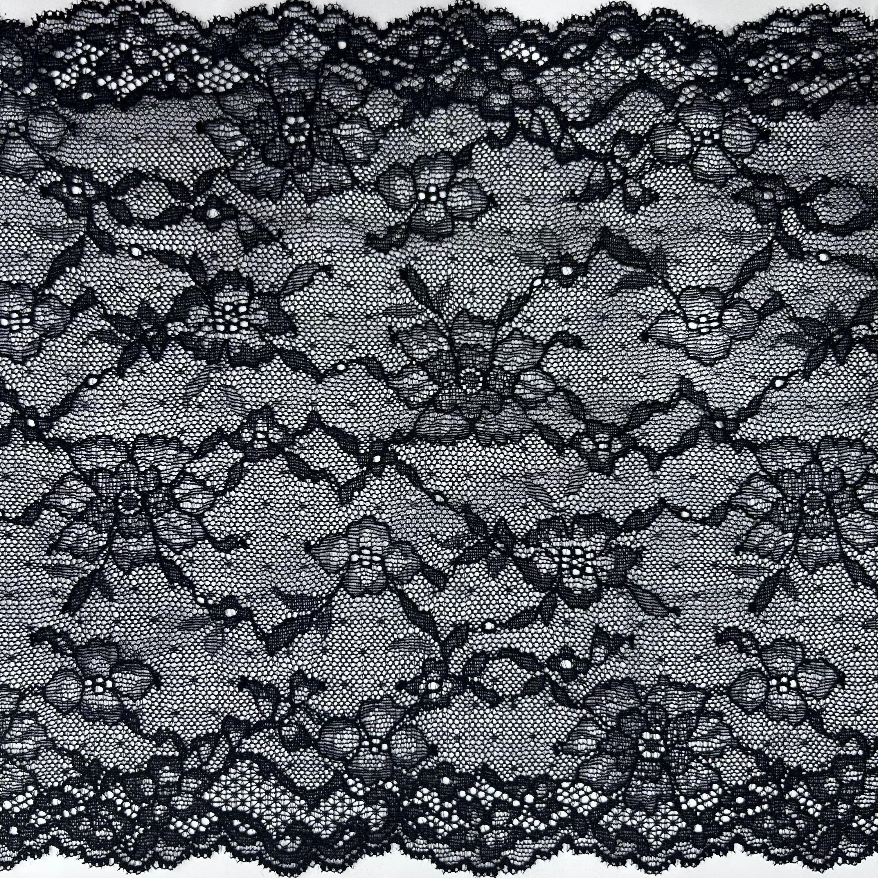 Black floral lace trim with a scalloped edge.