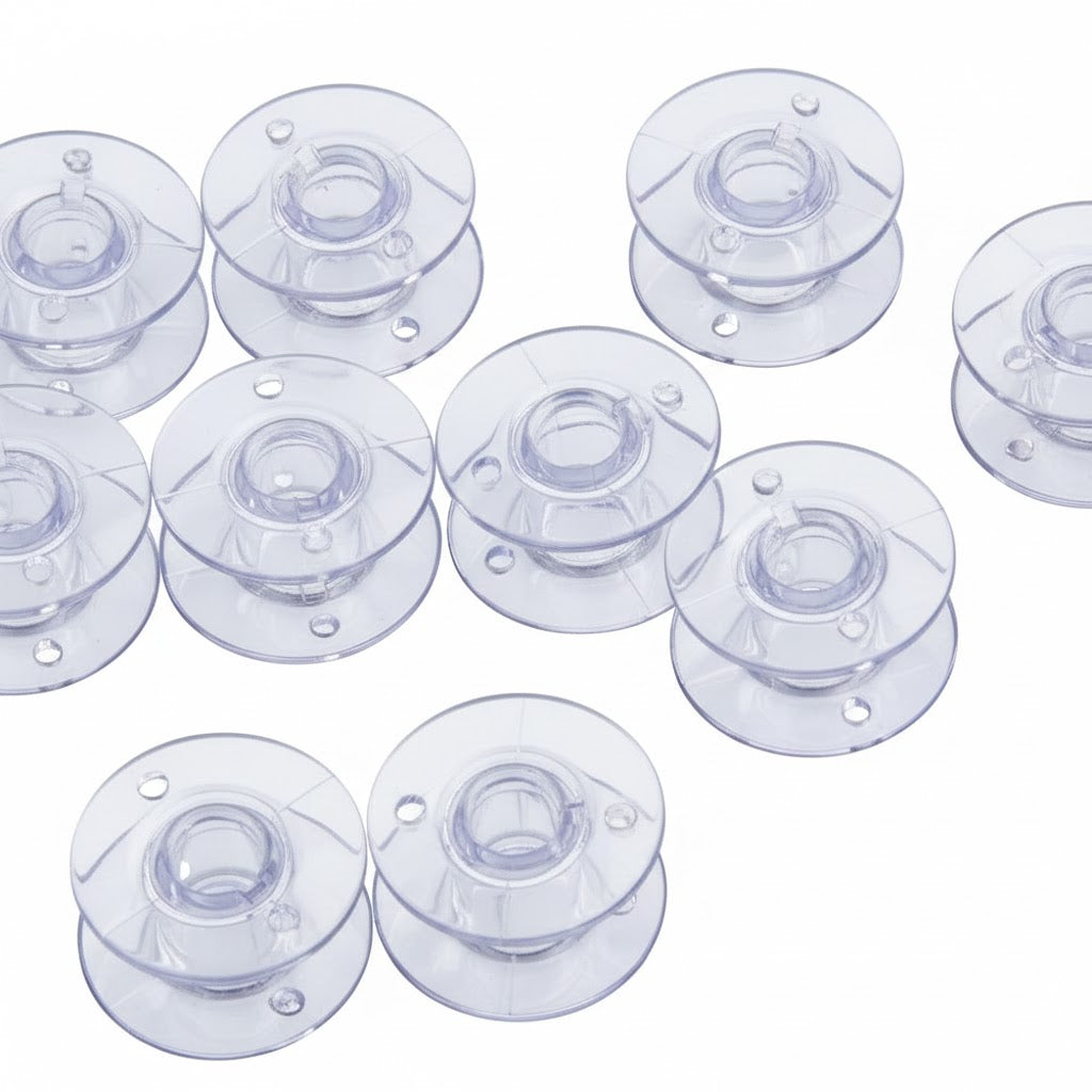 Clear plastic bobbins for Janome horizontal hook sewing machines.