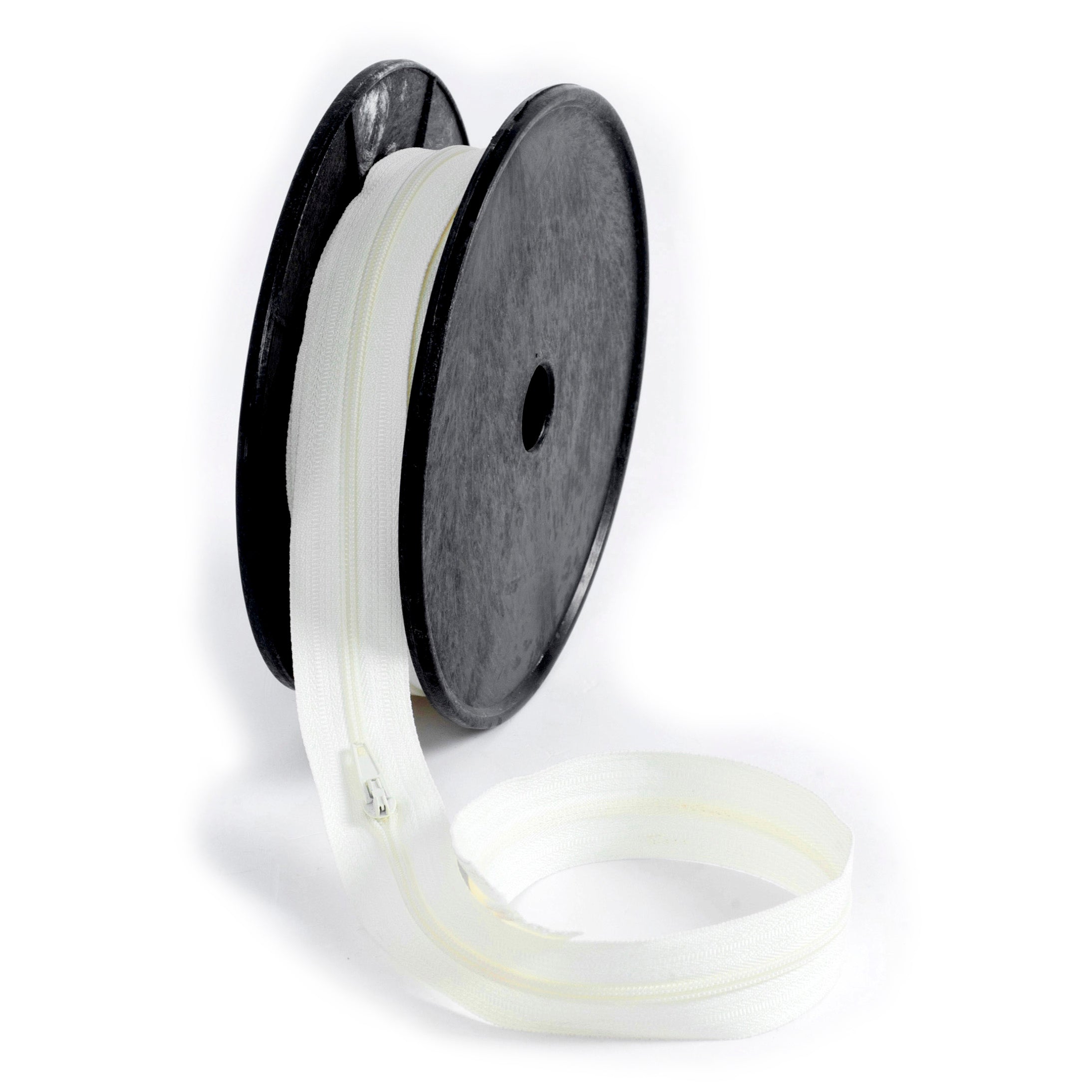 White endless nylon zip with auto-lock slider on a black spool for soft furnishings.