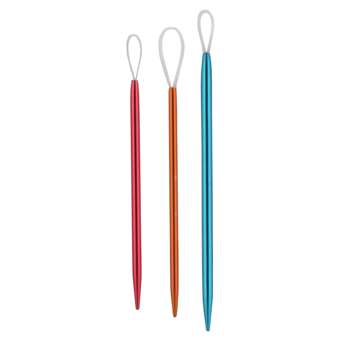 Set of 3 KnitPro wool needles in red, orange, and blue with flexible nylon loops.
