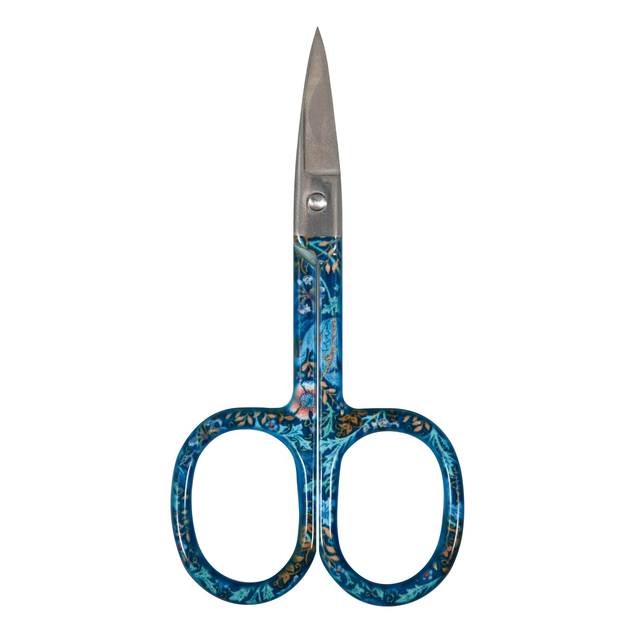 Small embroidery scissors with sharp metal blades and blue floral patterned handles.