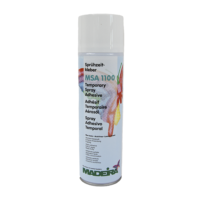 A 500ml can of Madeira MSA 1100 temporary spray adhesive for fabric positioning.