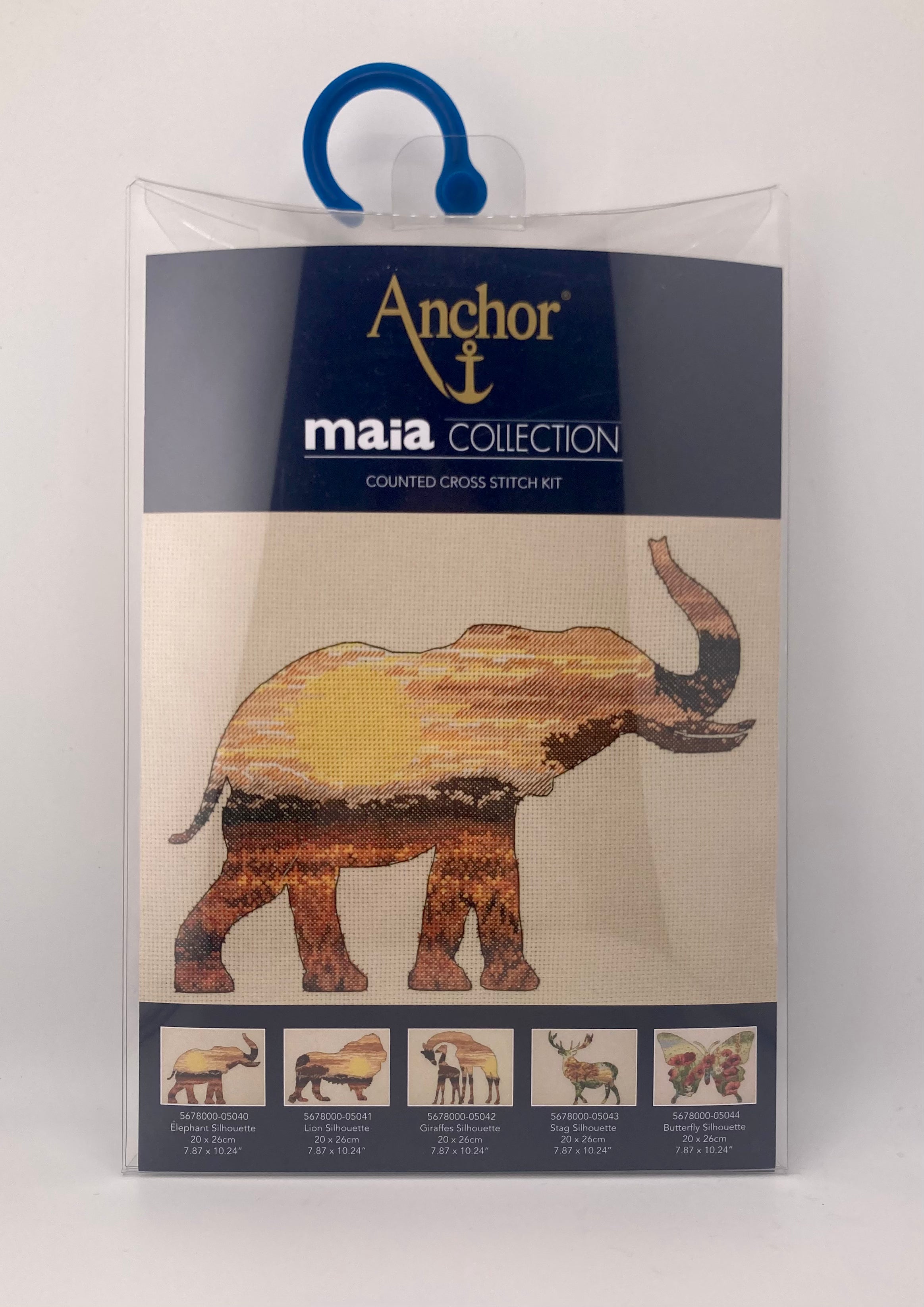 Anchor Maia Collection counted cross stitch kit featuring an elephant silhouette design.