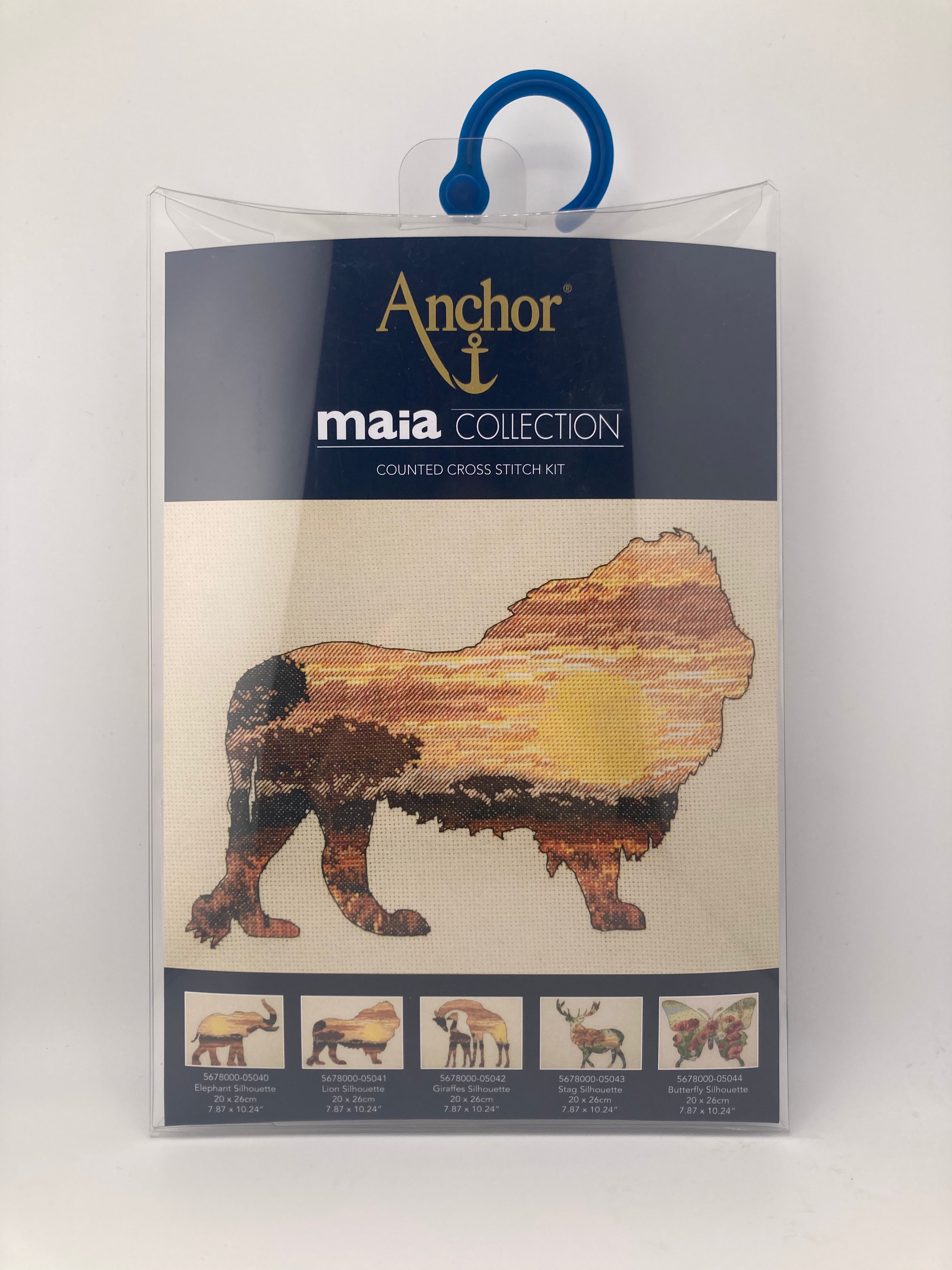 Anchor Maia Collection counted cross stitch kit featuring a lion silhouette design.
