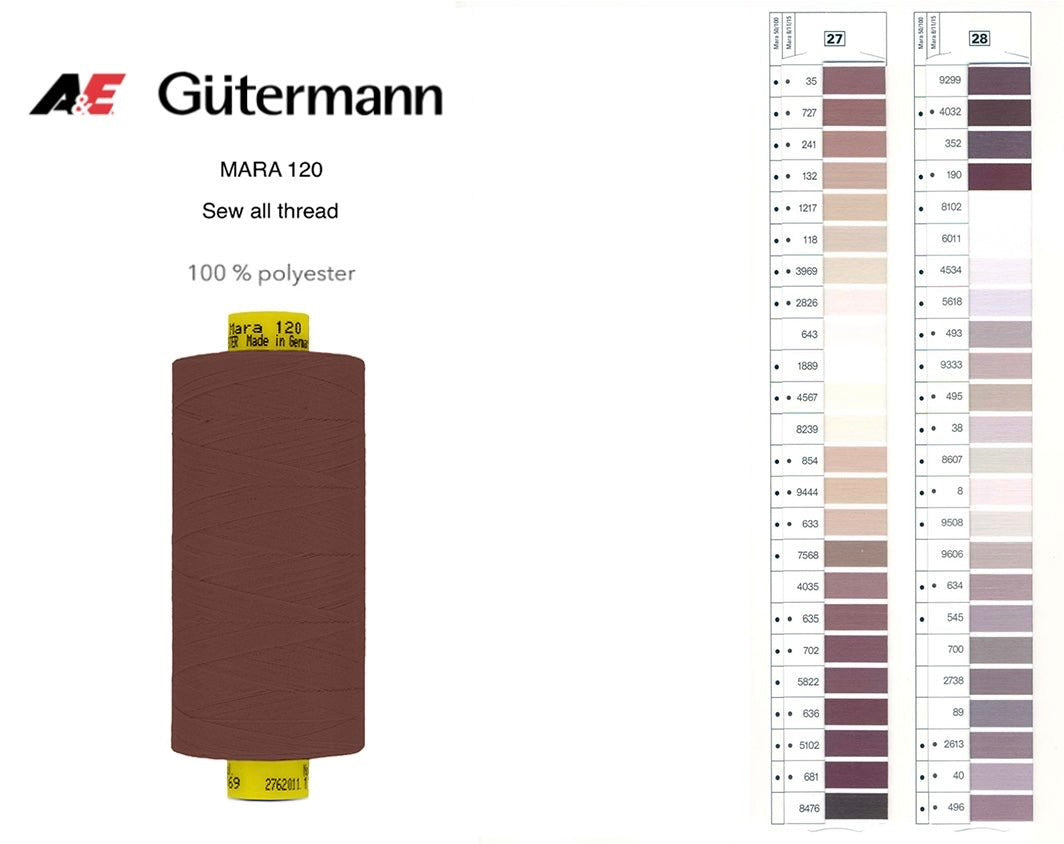 A spool of brown Gutermann Mara 120 polyester thread shown next to a numbered color shade card.