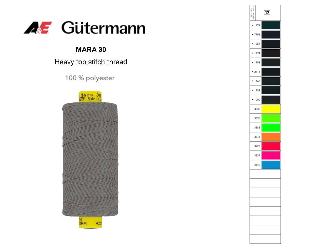 A spool of grey Gutermann Mara 30 heavy top stitch thread shown with its color shade card.