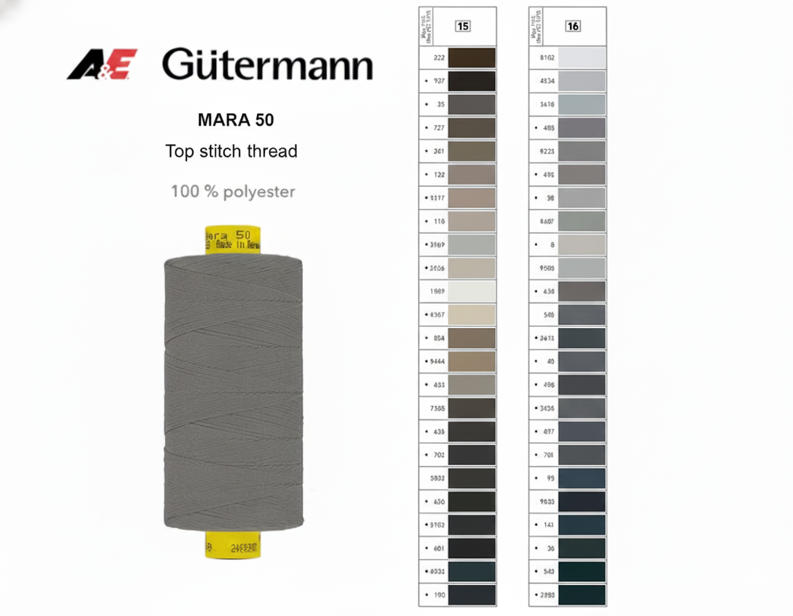 Gutermann Mara 50 grey polyester thread on a spool with a shade card.