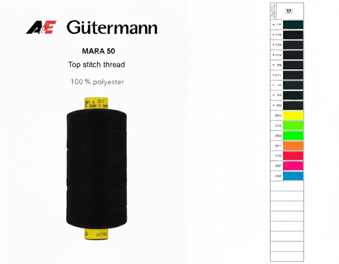 Gutermann Mara 50 black polyester thread on a spool.