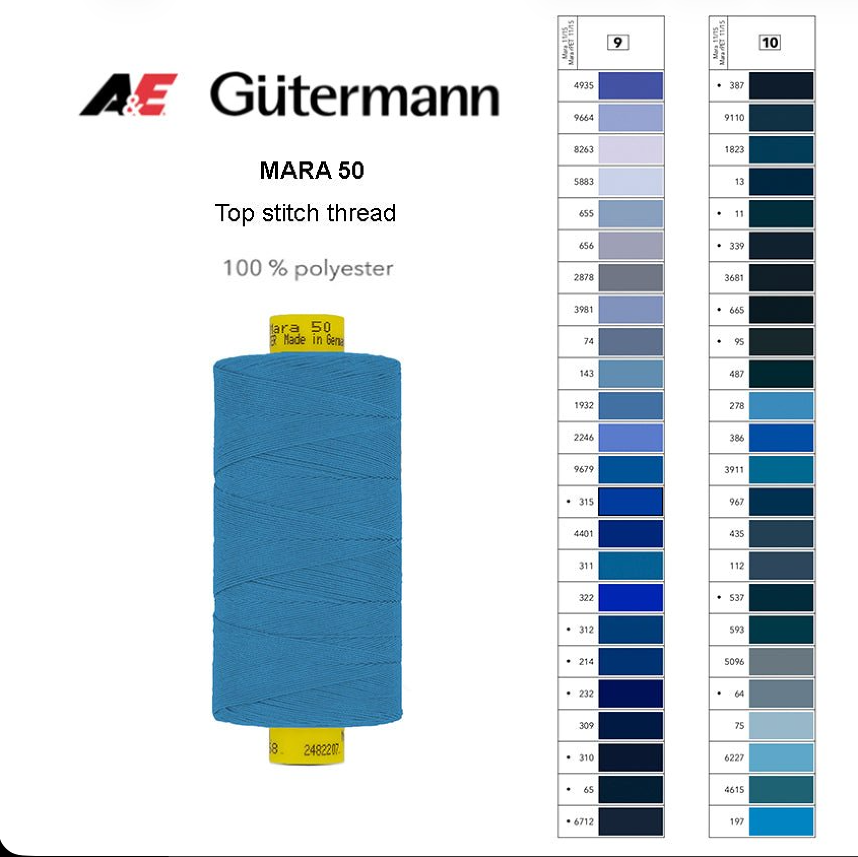 Gutermann Industrial Mara 50 Thread – Article no. 702277 - 500m Spool - Shade Card 9-10