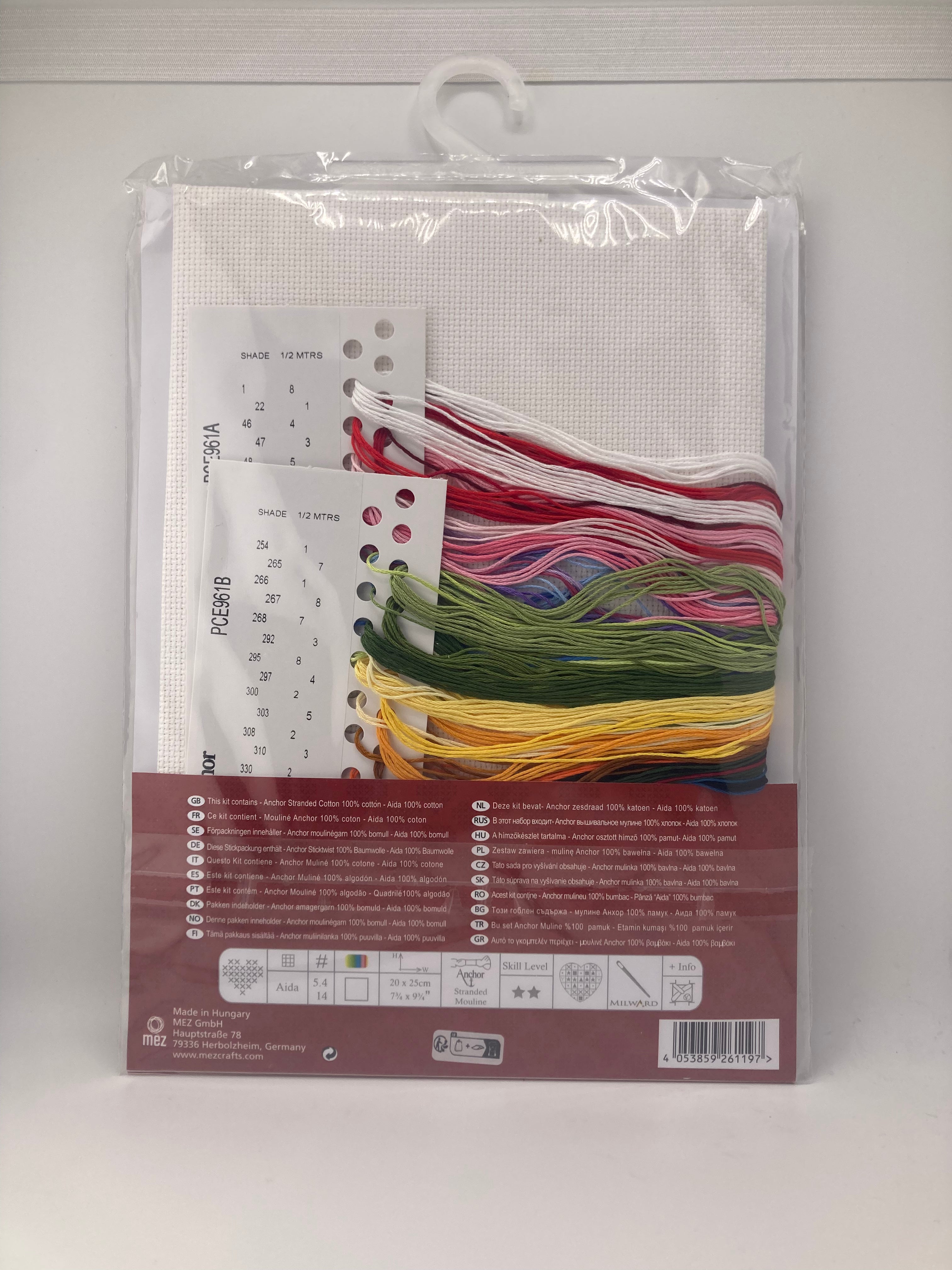 Cross stitch kit with Anchor stranded cotton threads and Aida fabric.