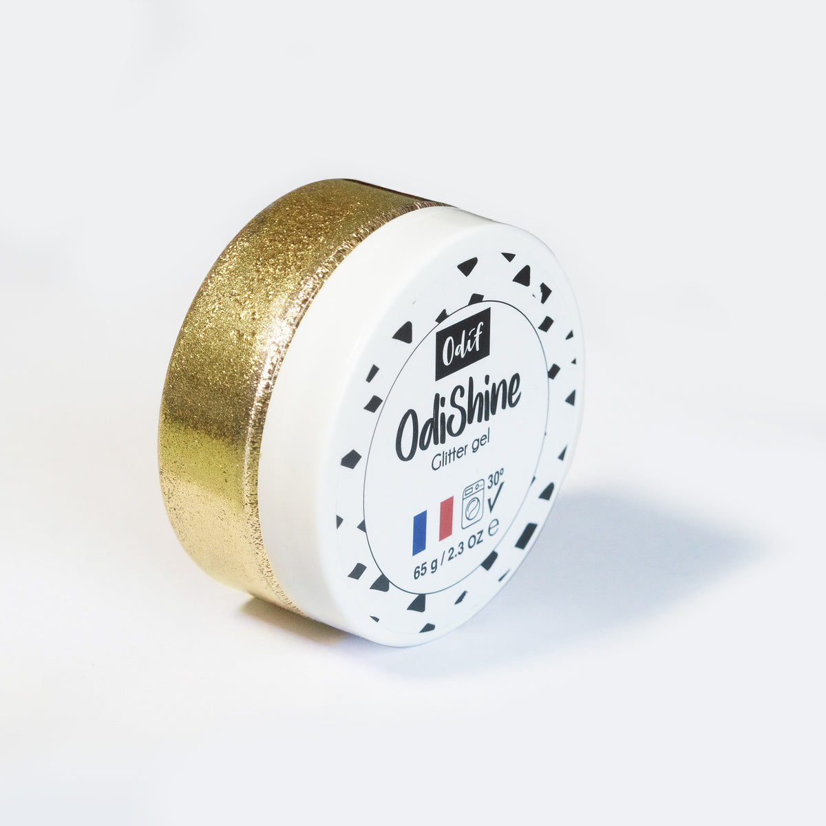 Odif OdiShine Gold Glitter Gel in a 65g white jar with gold glitter visible on the side.