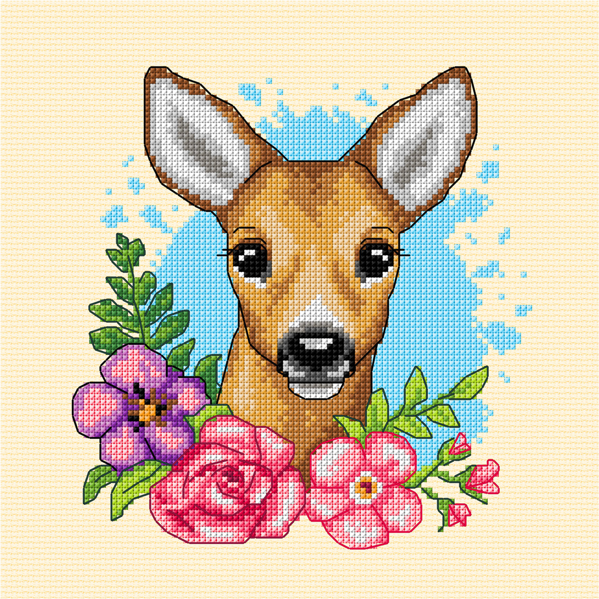 Counted cross stitch kit featuring a deer head surrounded by pink and purple flowers on cream aida.