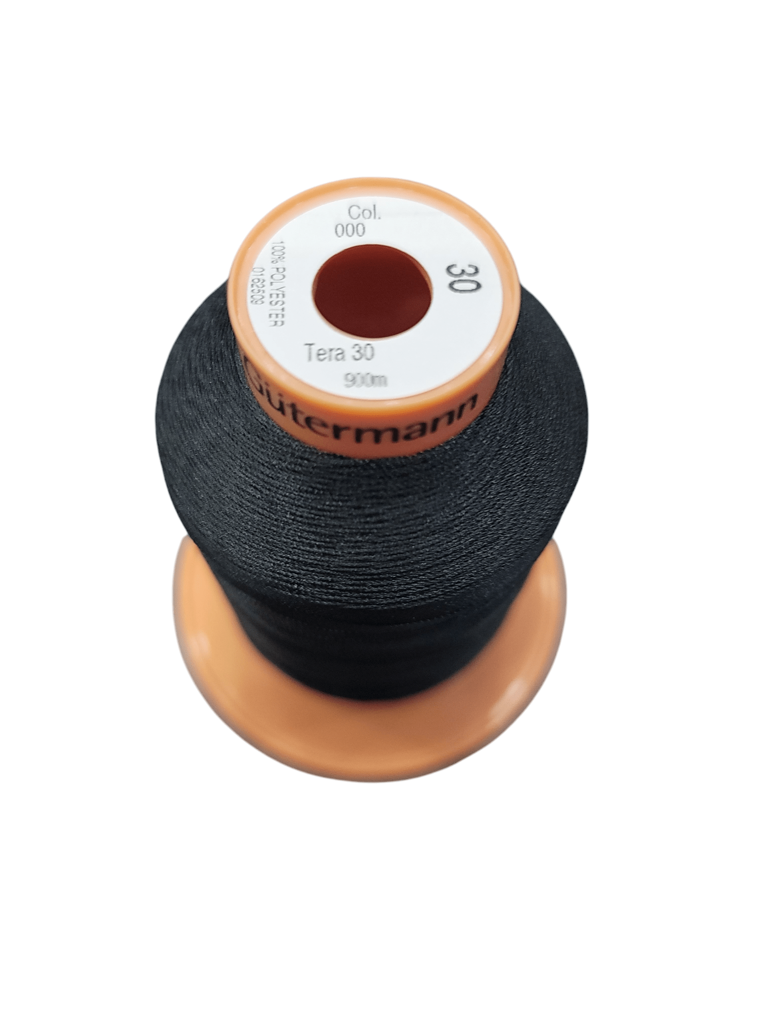 Gutermann Tera 30 black polyester thread on a spool.