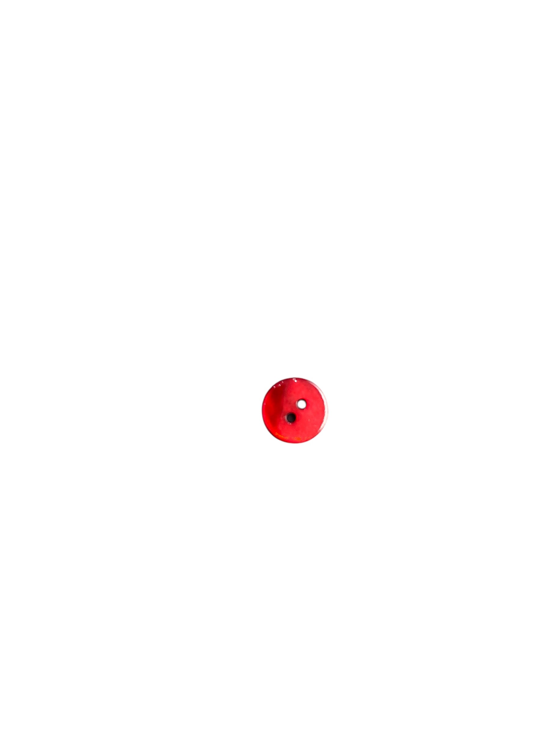 Red 10mm shell decorative sewing button with two holes.
