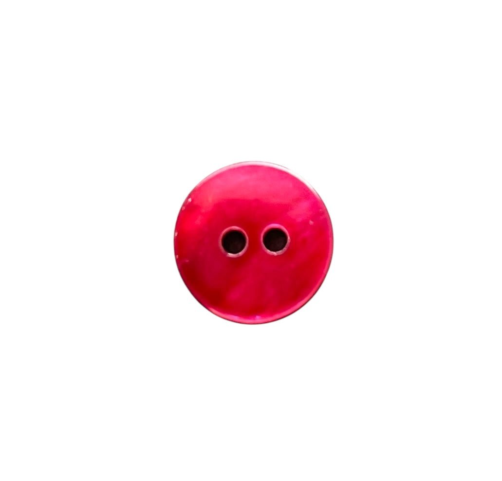 A bright pink, 10mm round button with two holes.