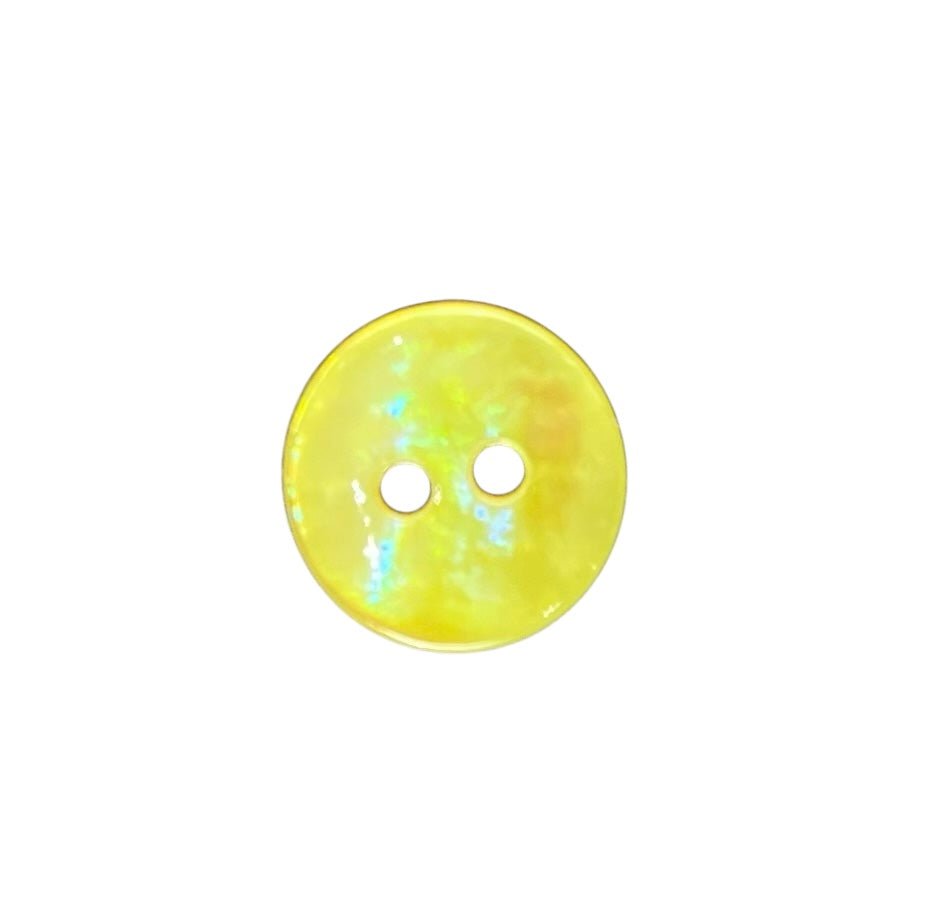 A 10mm round yellow shell button with two holes.